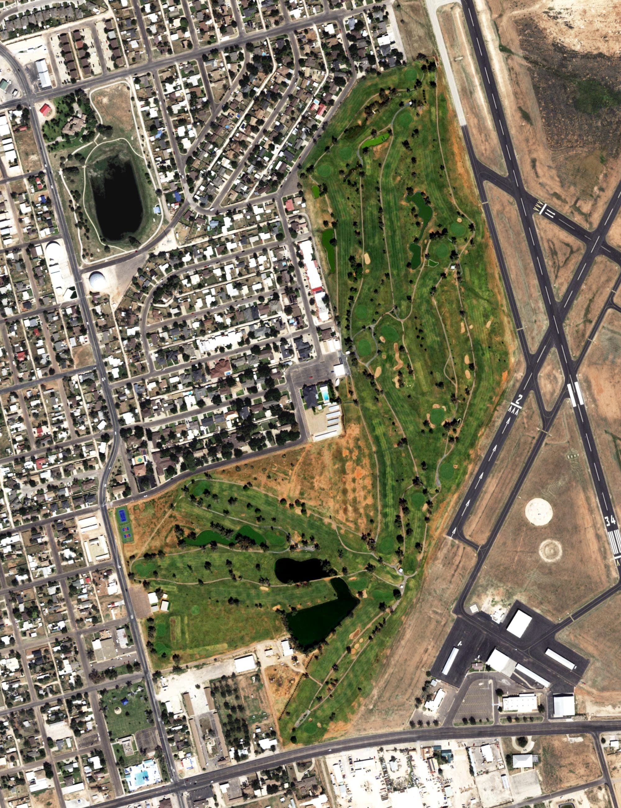 Aerial view of Andrews County Golf Course, TX, with its hole routing marked
