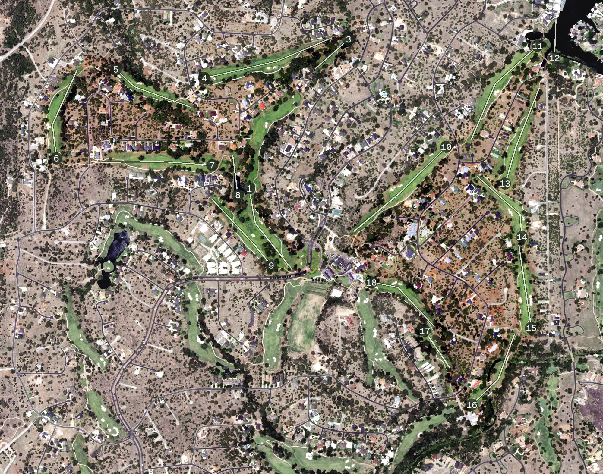 Aerial view of Apple Rock, TX, with its hole routing marked