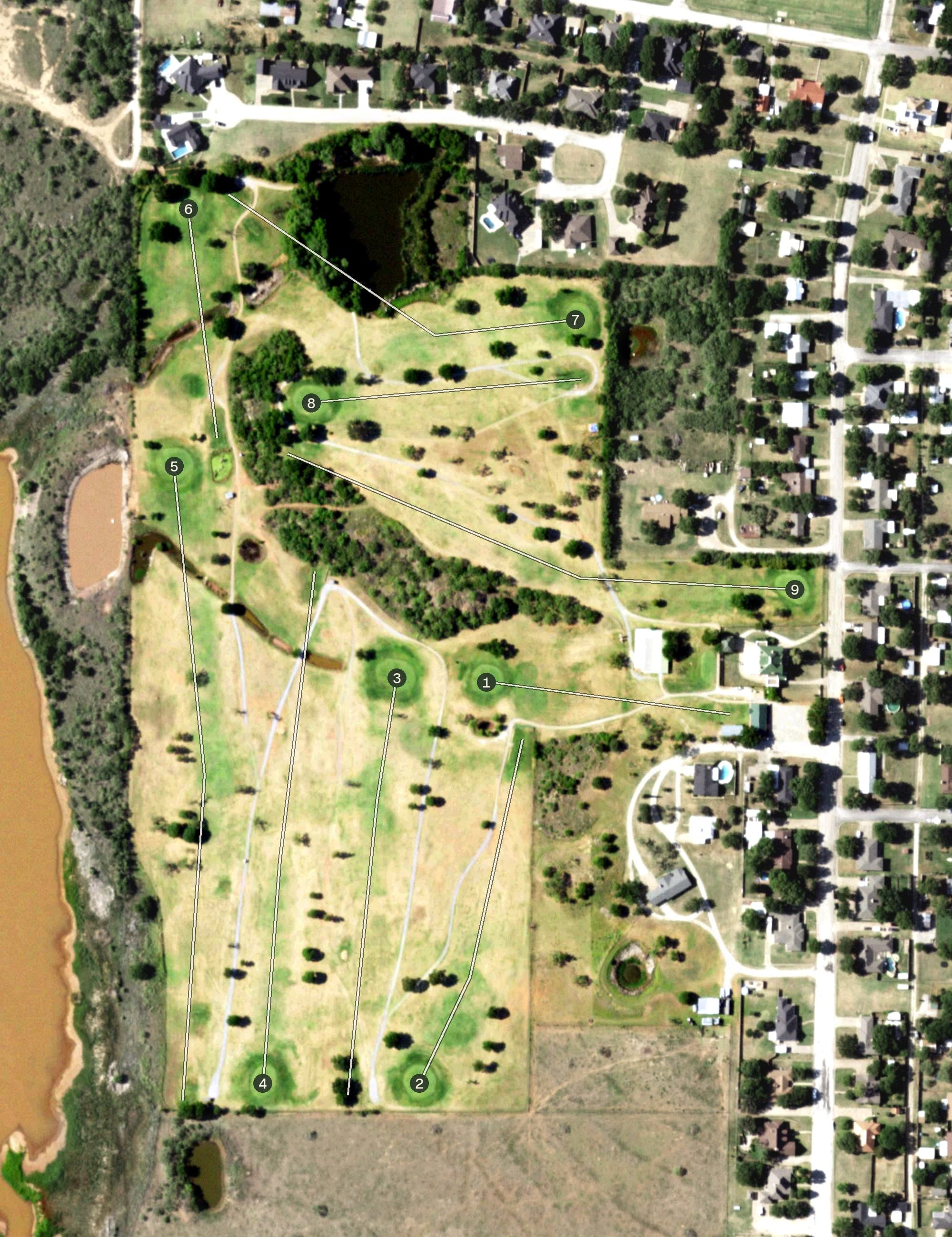Aerial view of Archer City Country Club, TX, with its hole routing marked