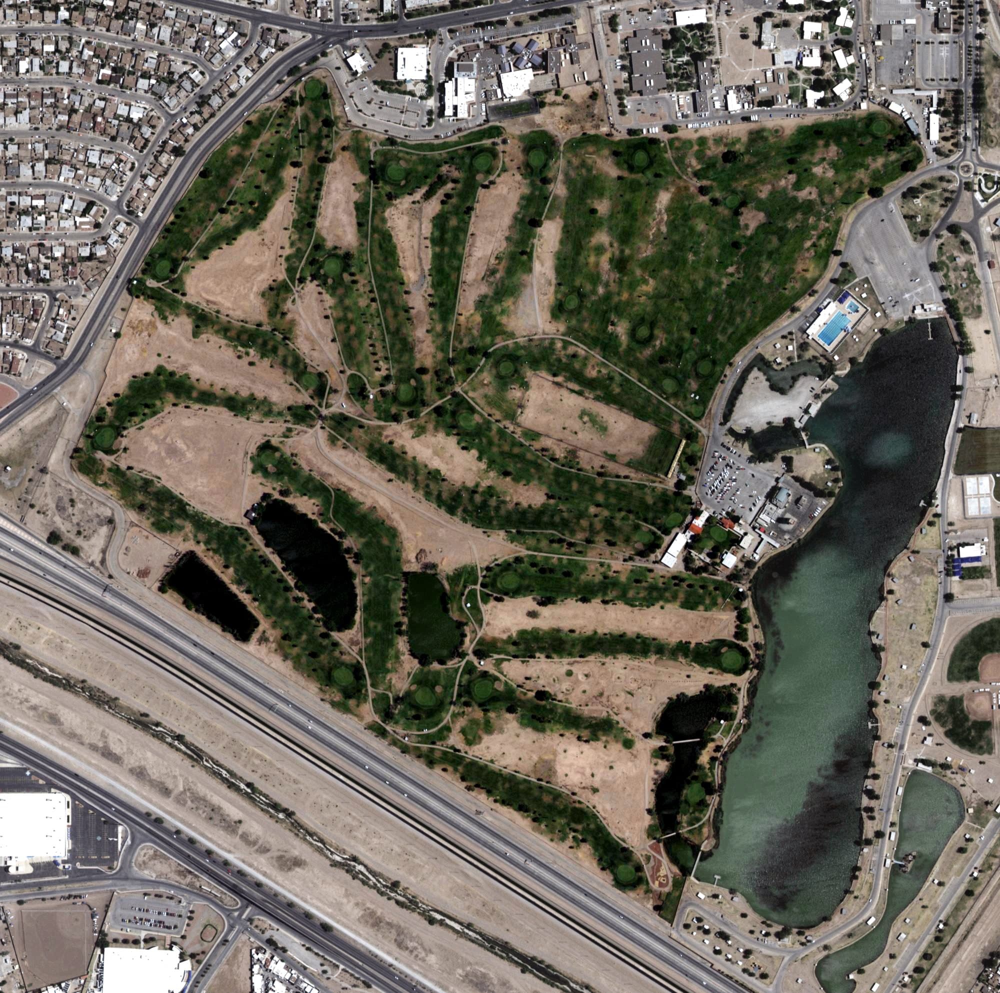 Aerial view of Ascarate Golf Course, TX, with its hole routing marked