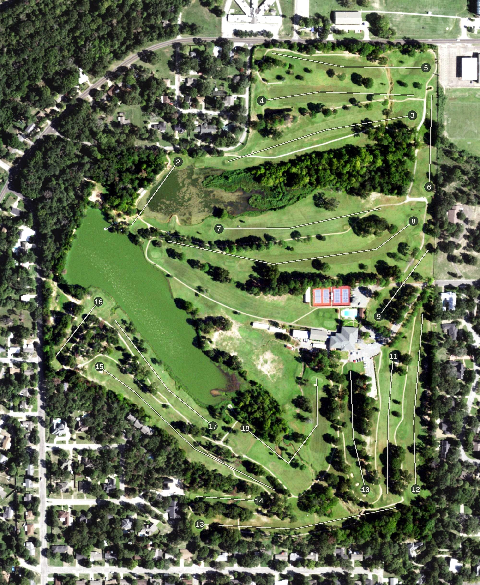 Aerial view of Athens Country Club, TX, with its hole routing marked