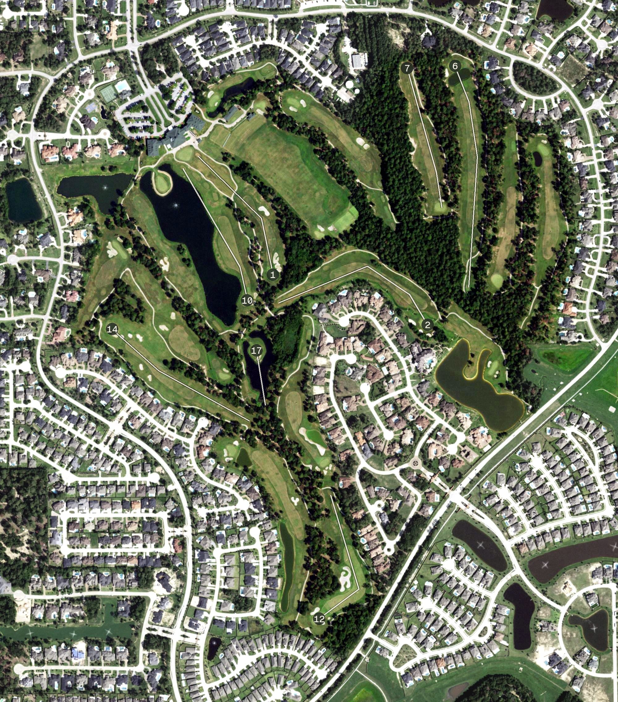 Aerial view of Augusta Pines Golf Course, TX, with its hole routing marked