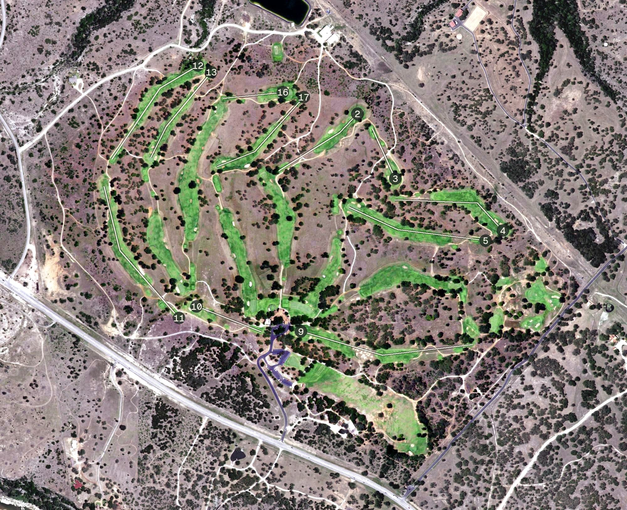 Aerial view of Austin Golf Course, TX, with its hole routing marked