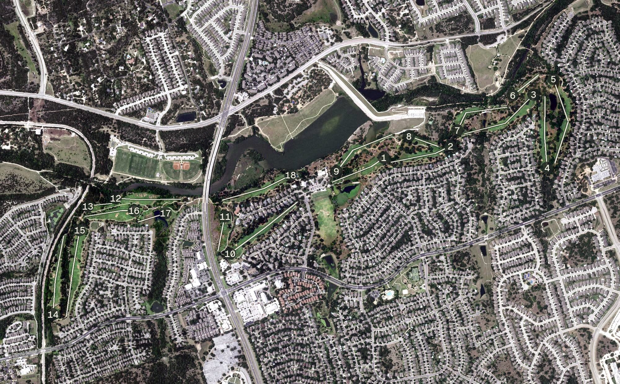 Aerial view of Avery Ranch Golf Club, TX, with its hole routing marked
