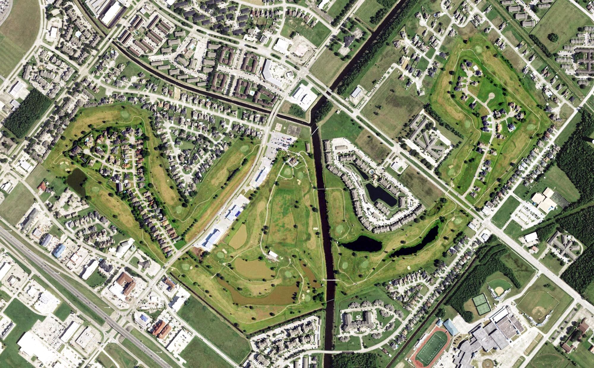 Aerial view of Babe Zaharias Golf Course, TX, with its hole routing marked