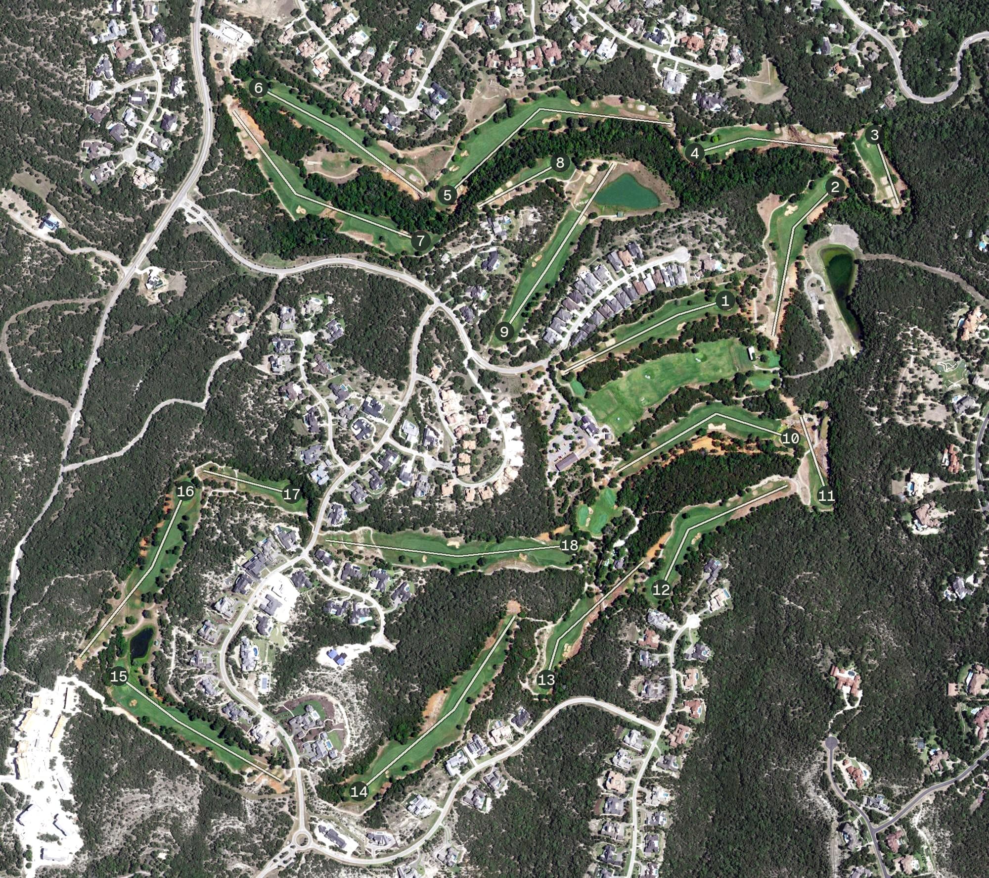Aerial view of Barton Creek Fazio Canyons, TX, with its hole routing marked
