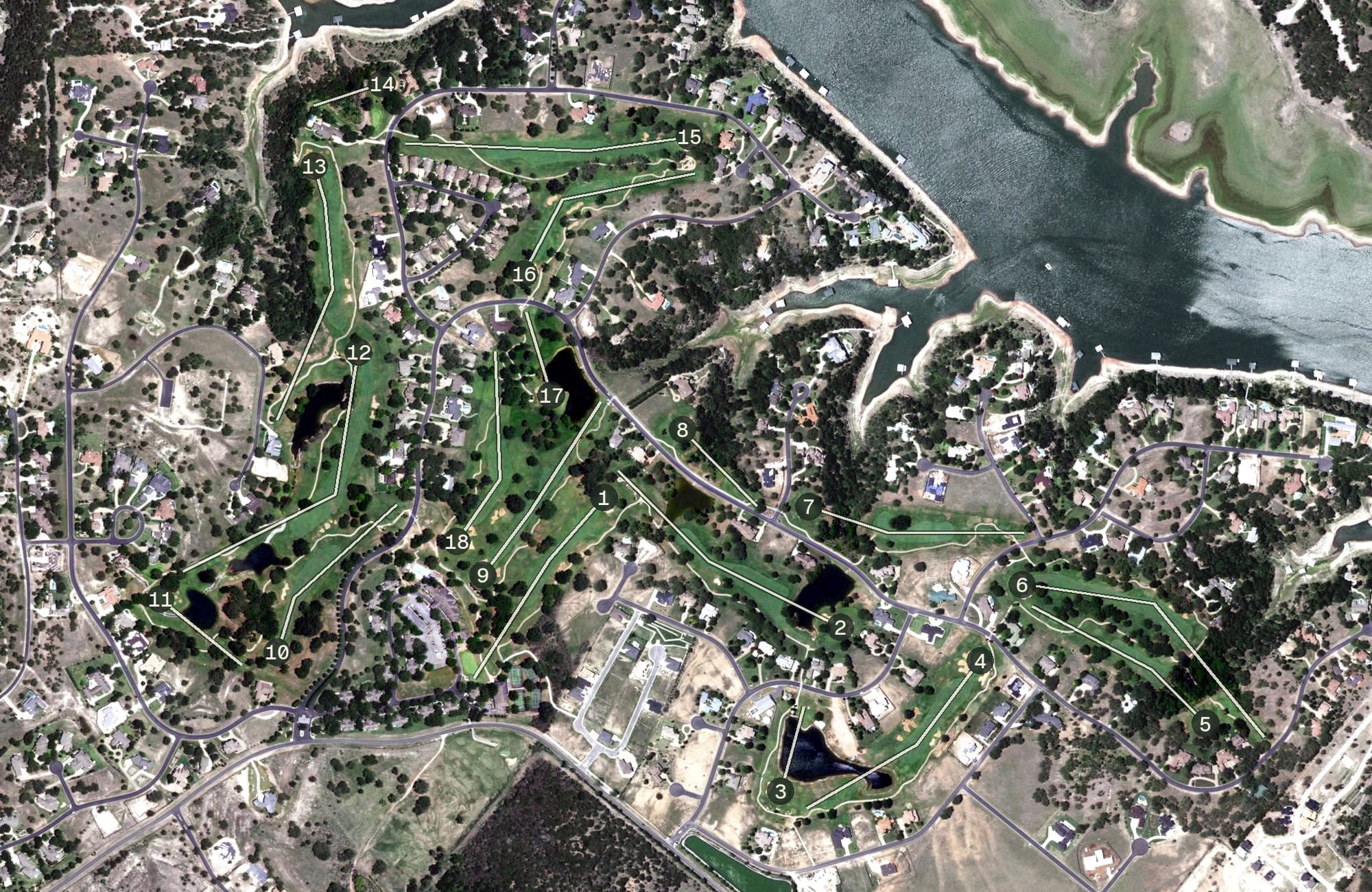 Aerial view of Barton Creek Lakeside Country Club, TX, with its hole routing marked