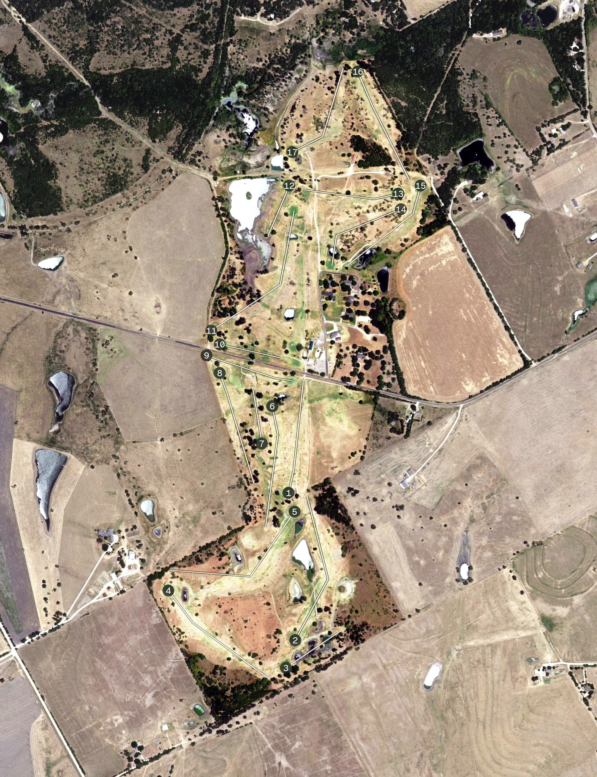Aerial view of Battle Lake Golf Club, TX, with its hole routing marked