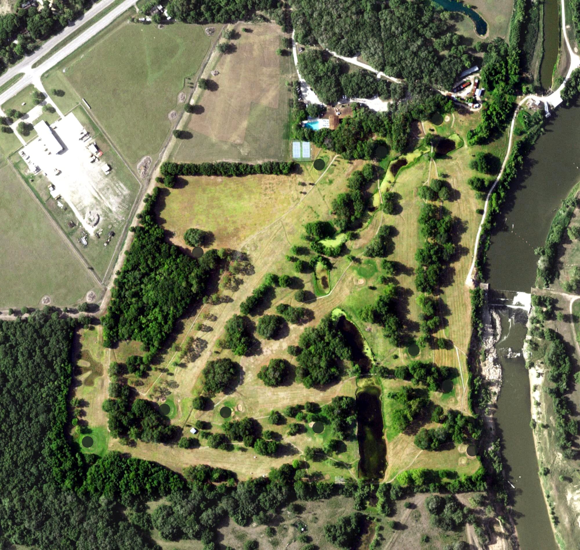 Aerial view of Bay City Country Club, TX, with its hole routing marked