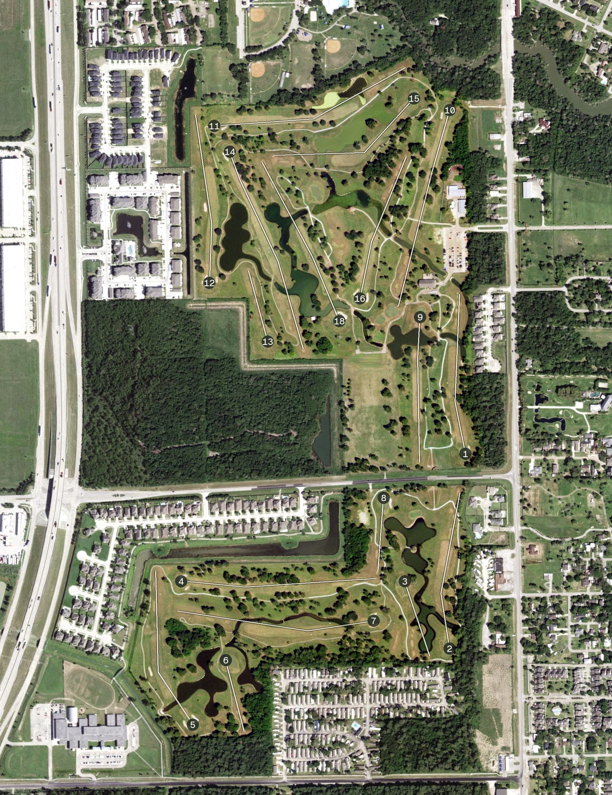 Aerial view of Bay Forest Golf Club, TX, with its hole routing marked