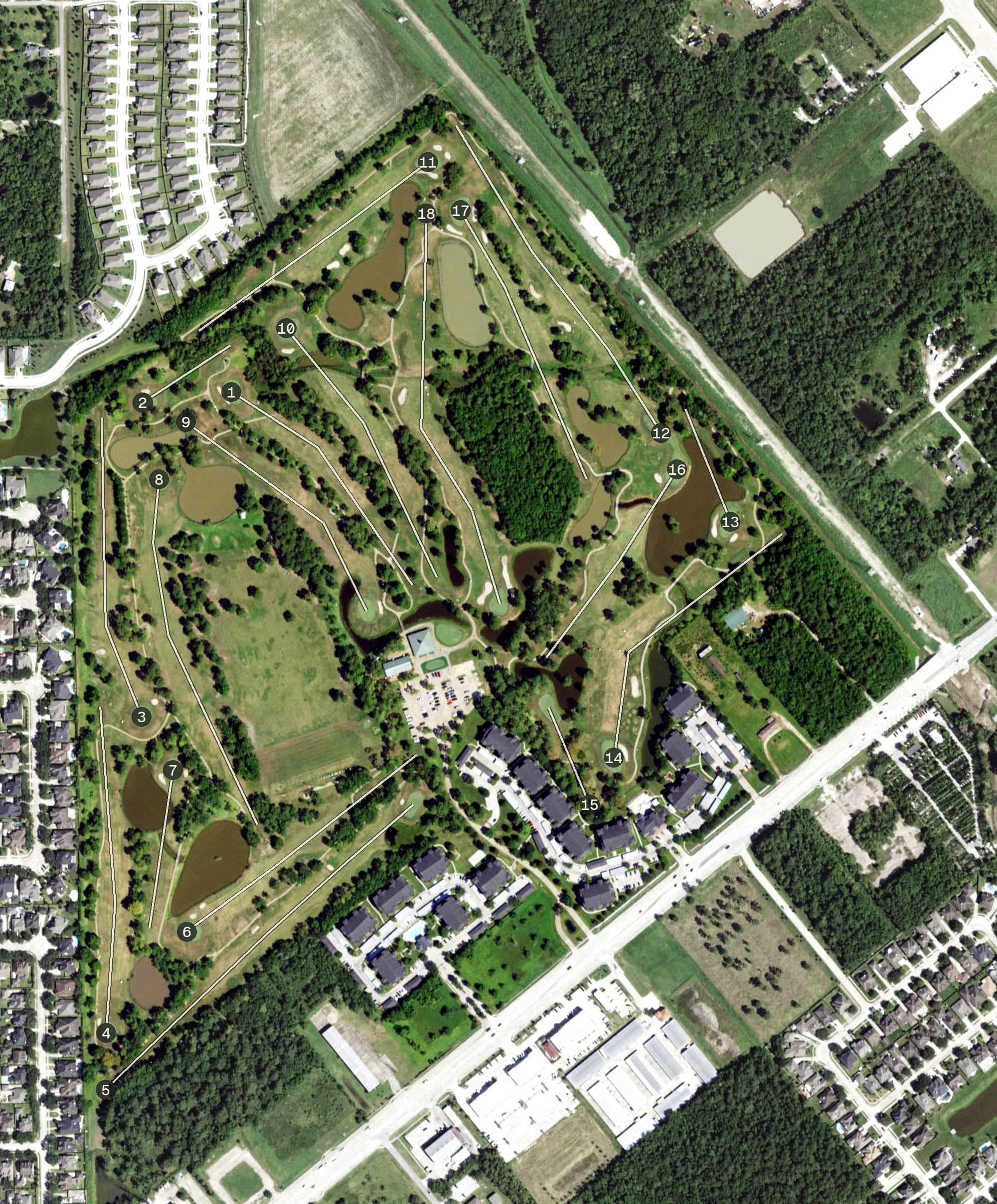 Aerial view of Beacon Lakes Golf Club, TX, with its hole routing marked