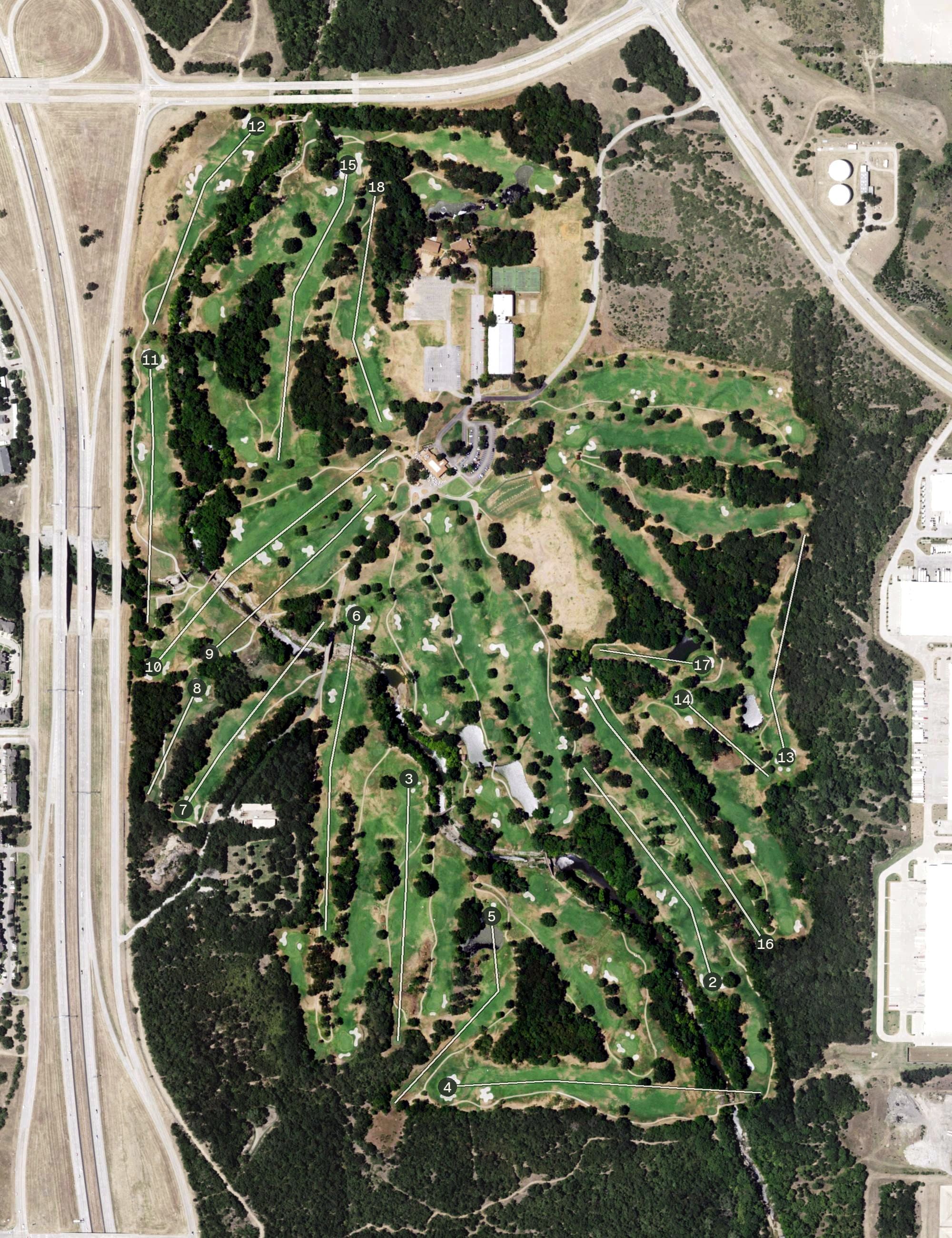 Aerial view of Bear Creek Golf Course, TX, with its hole routing marked