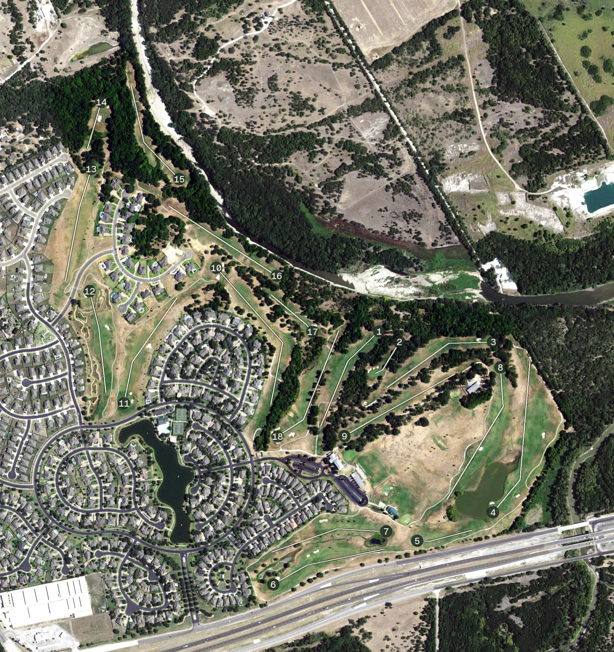 Aerial view of Bear Ridge Golf Course, TX, with its hole routing marked