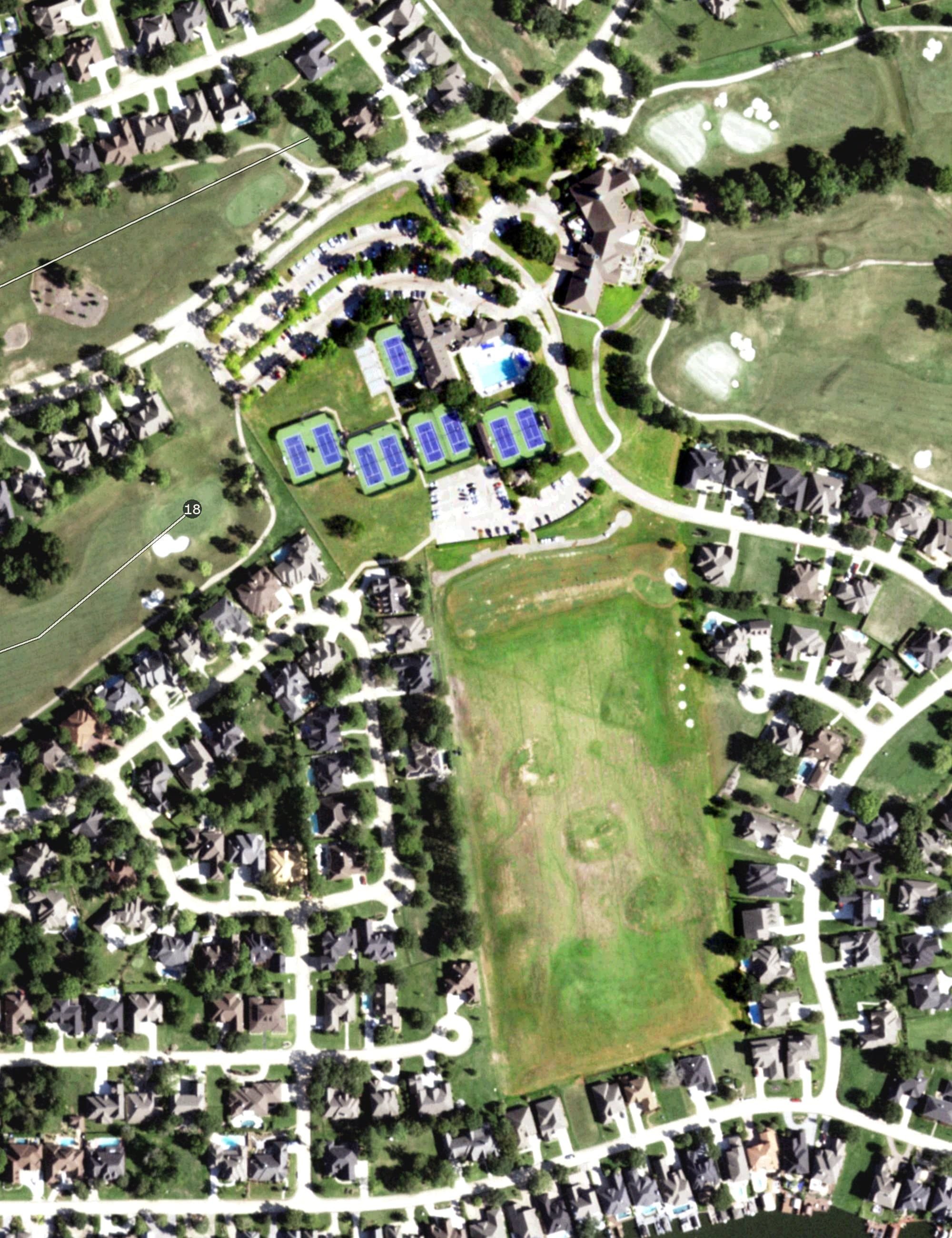 Aerial view of Bentwater, TX, with its hole routing marked