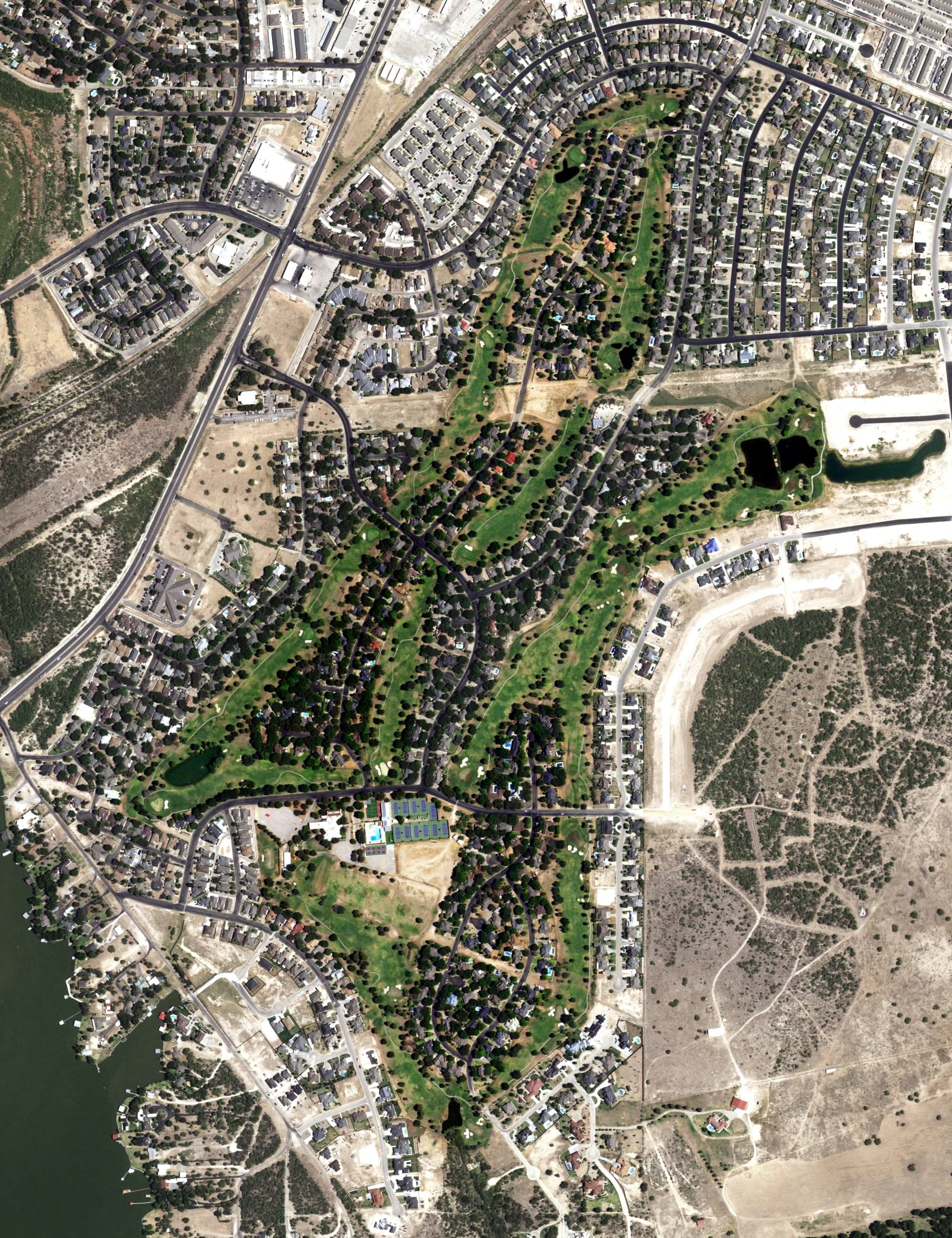 Aerial view of Bentwood Country Club Golf Course, TX, with its hole routing marked