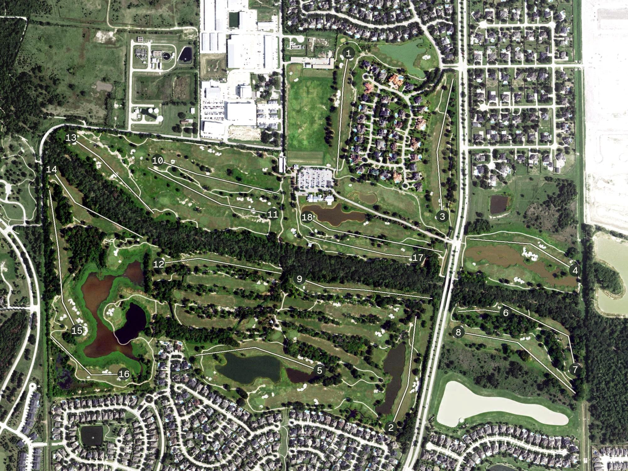 Aerial view of BlackHorse Golf Club, TX, with its hole routing marked