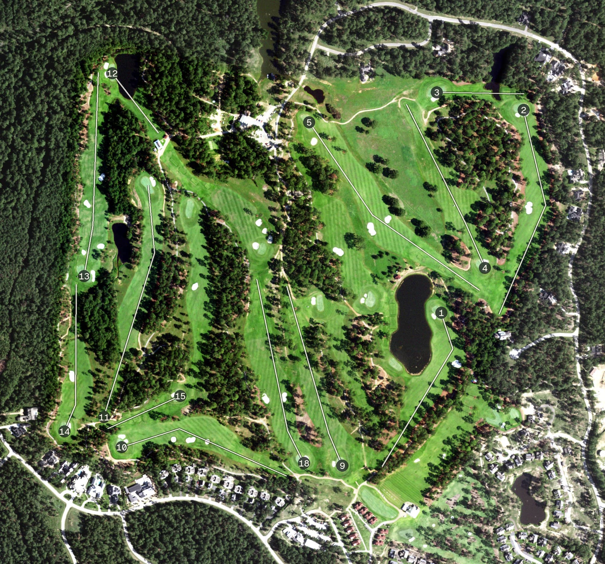 Aerial view of Bluejack National Golf Club, TX, with its hole routing marked