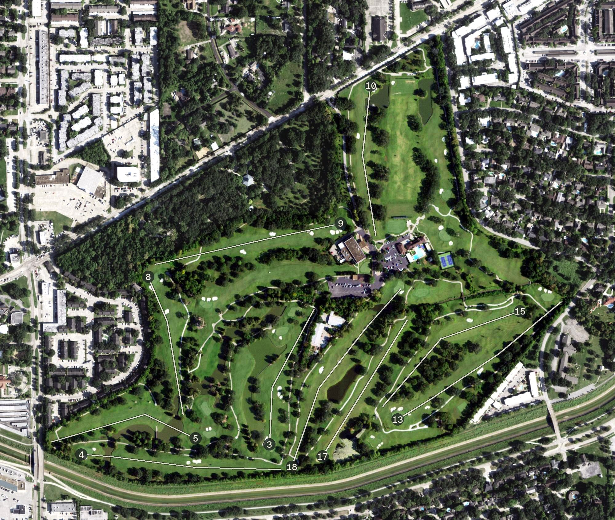 Aerial view of BraeBurn Country Club, TX, with its hole routing marked