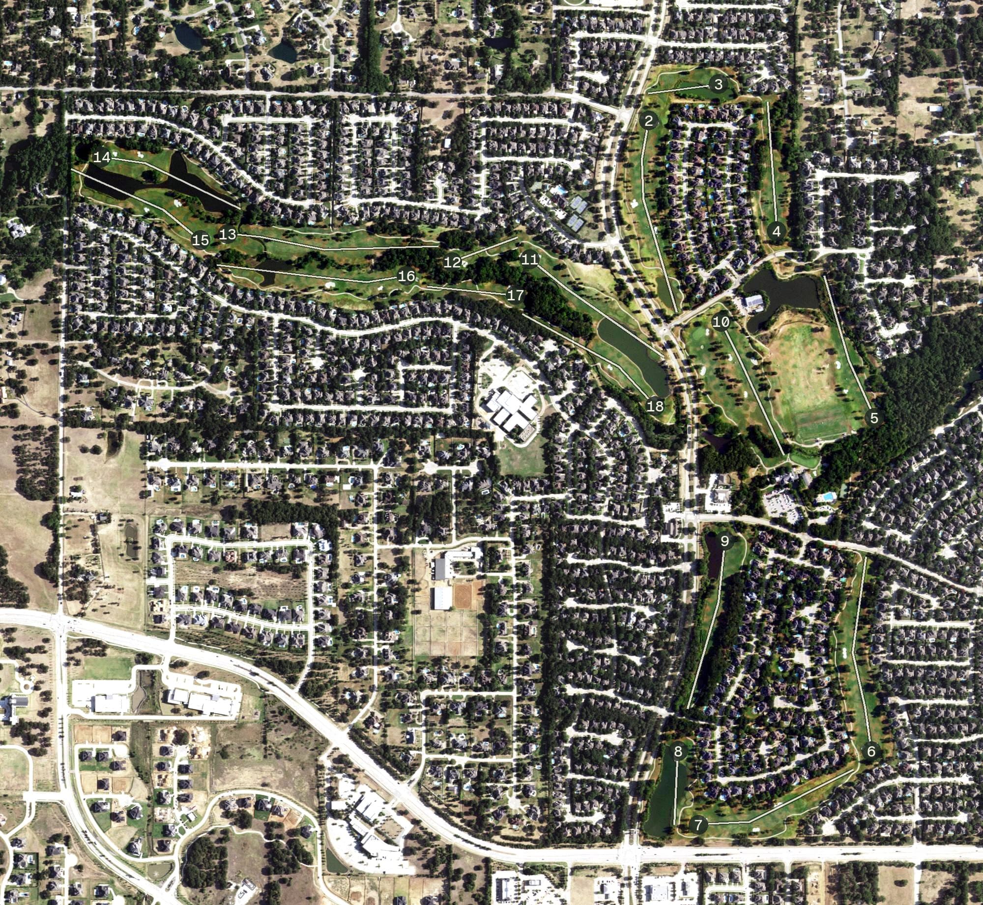Aerial view of Bridlewood Golf Course, TX, with its hole routing marked