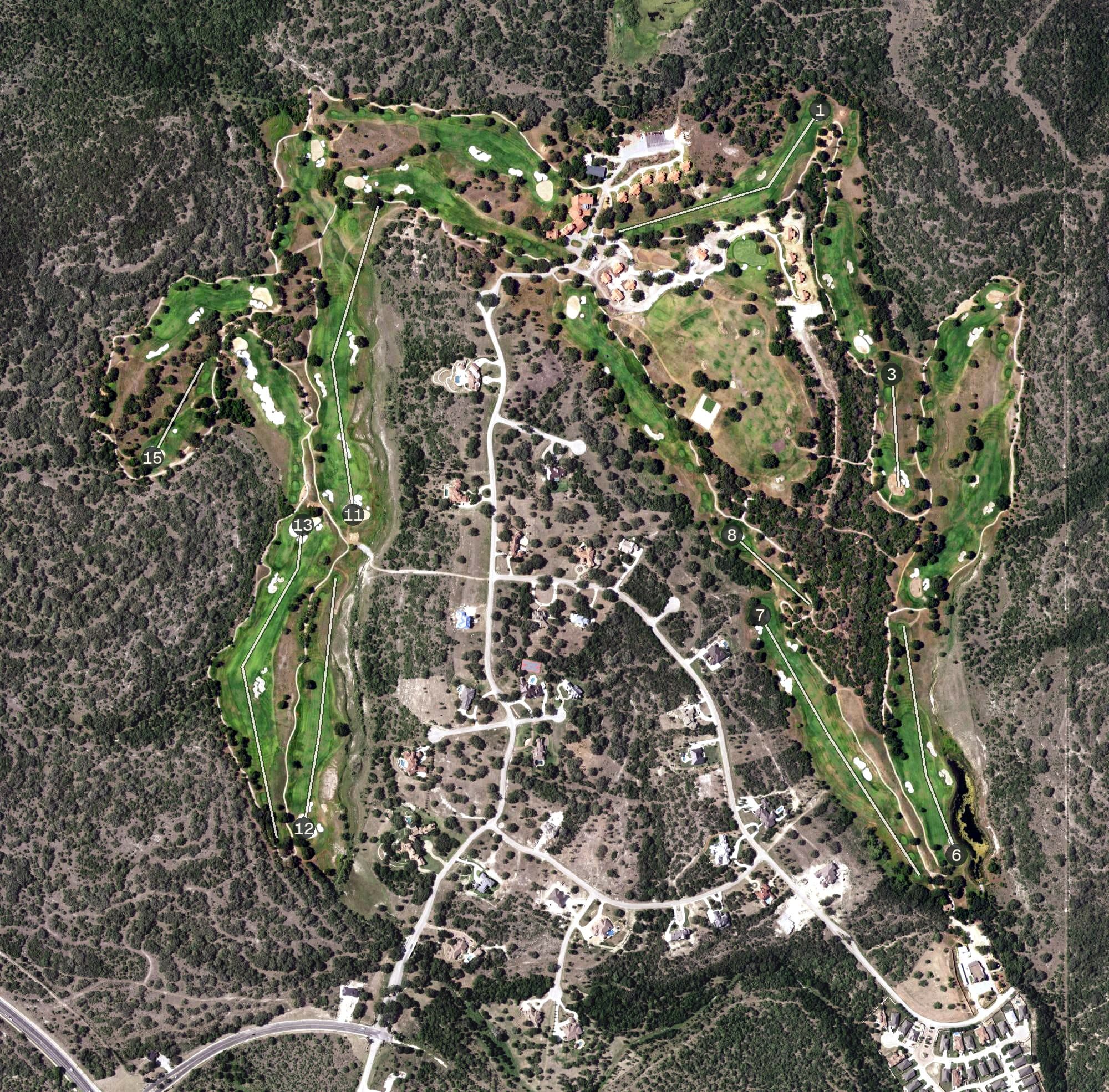 Aerial view of Briggs Ranch, TX, with its hole routing marked