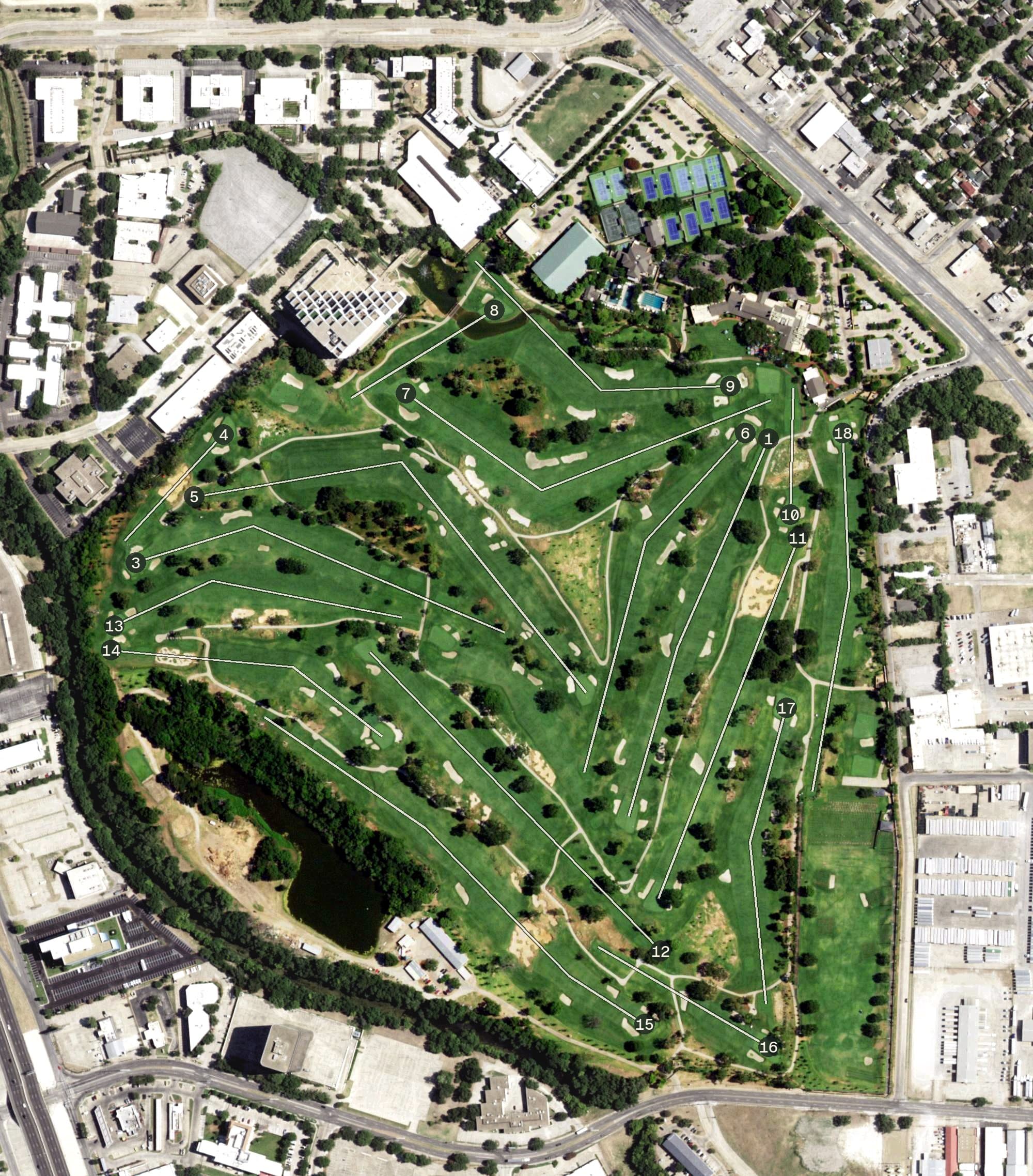 Aerial view of Brook Hollow Golf Club, TX, with its hole routing marked