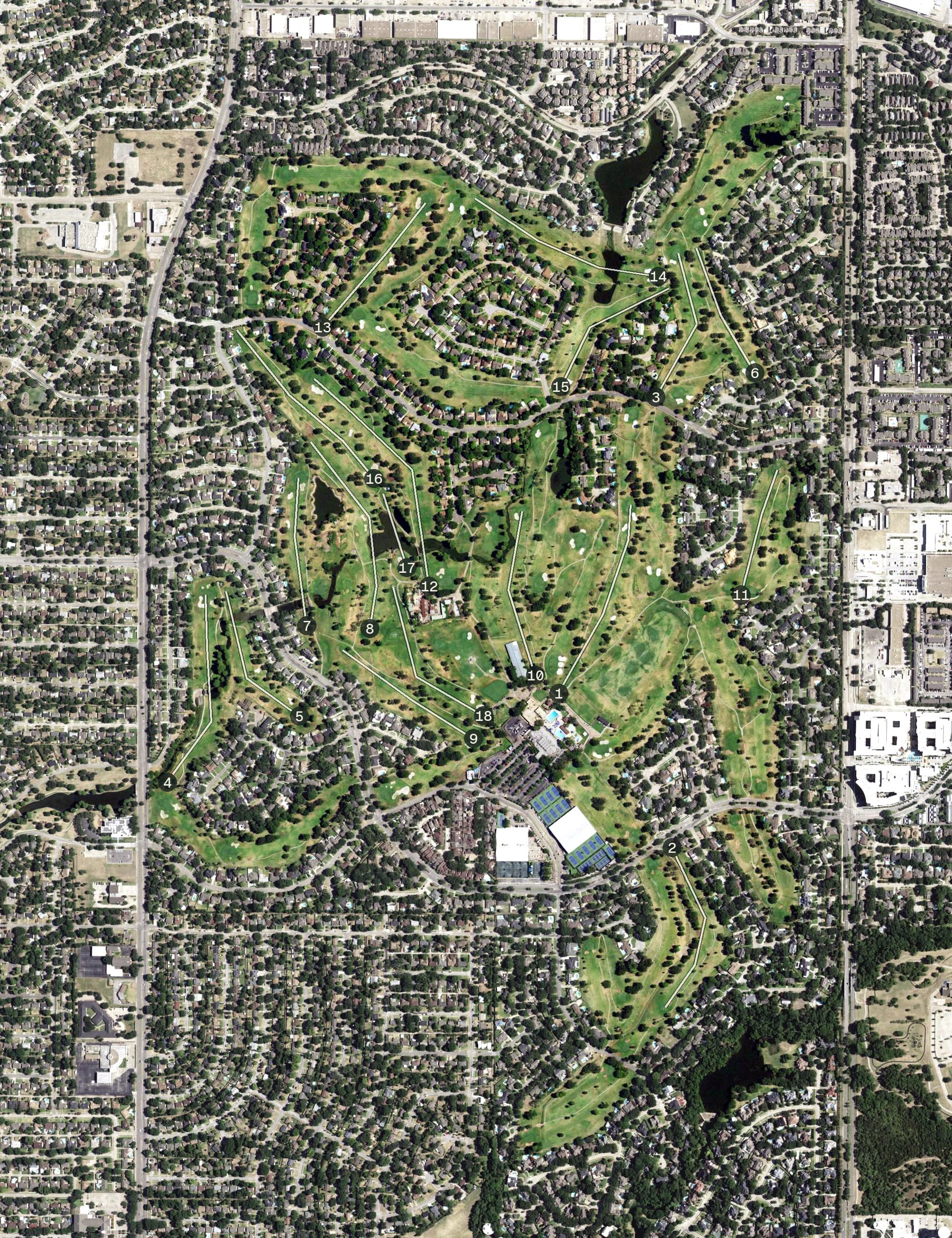 Aerial view of Brookhaven Country Club, TX, with its hole routing marked