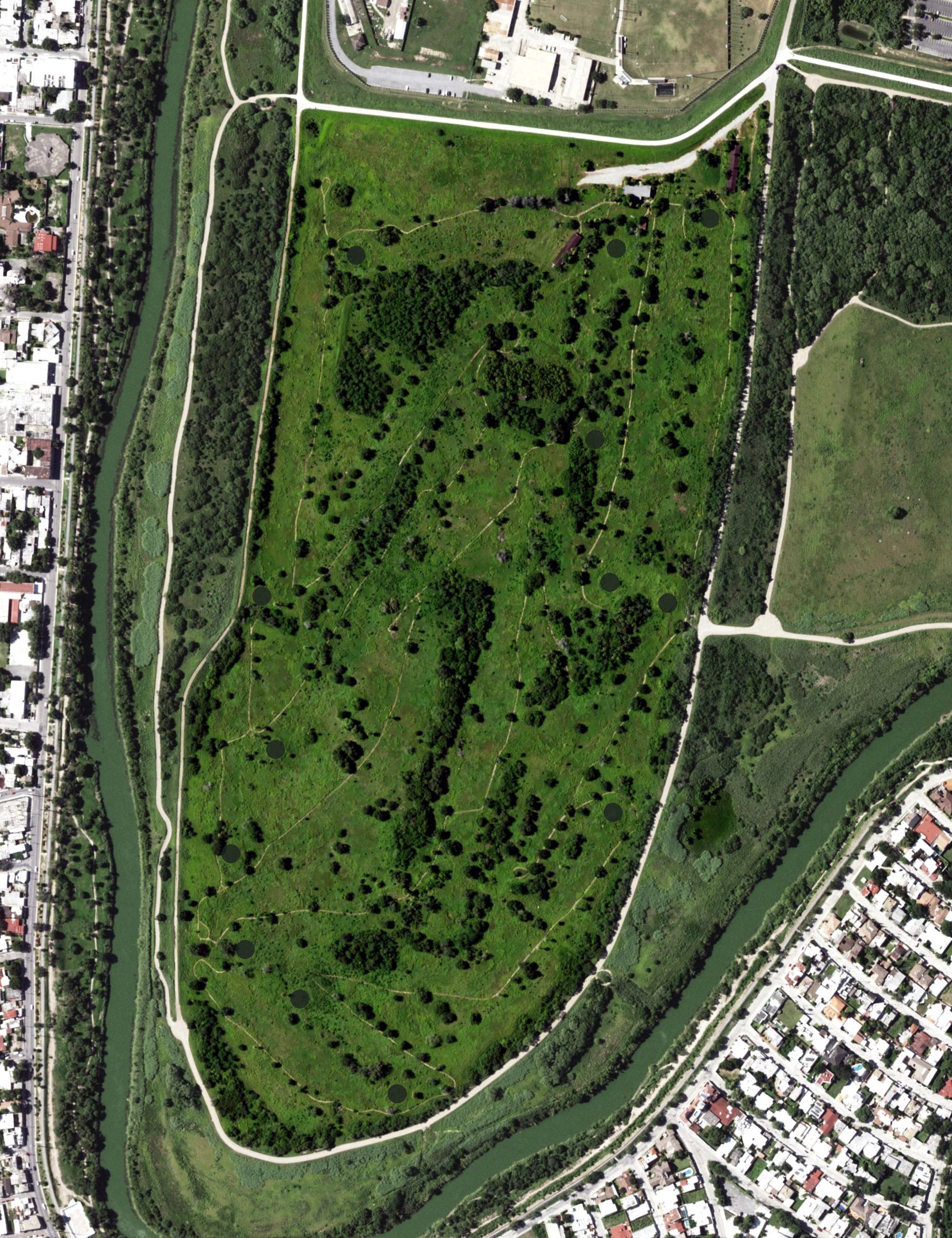 Aerial view of Brownsville Memorial Golf Course, TX, with its hole routing marked