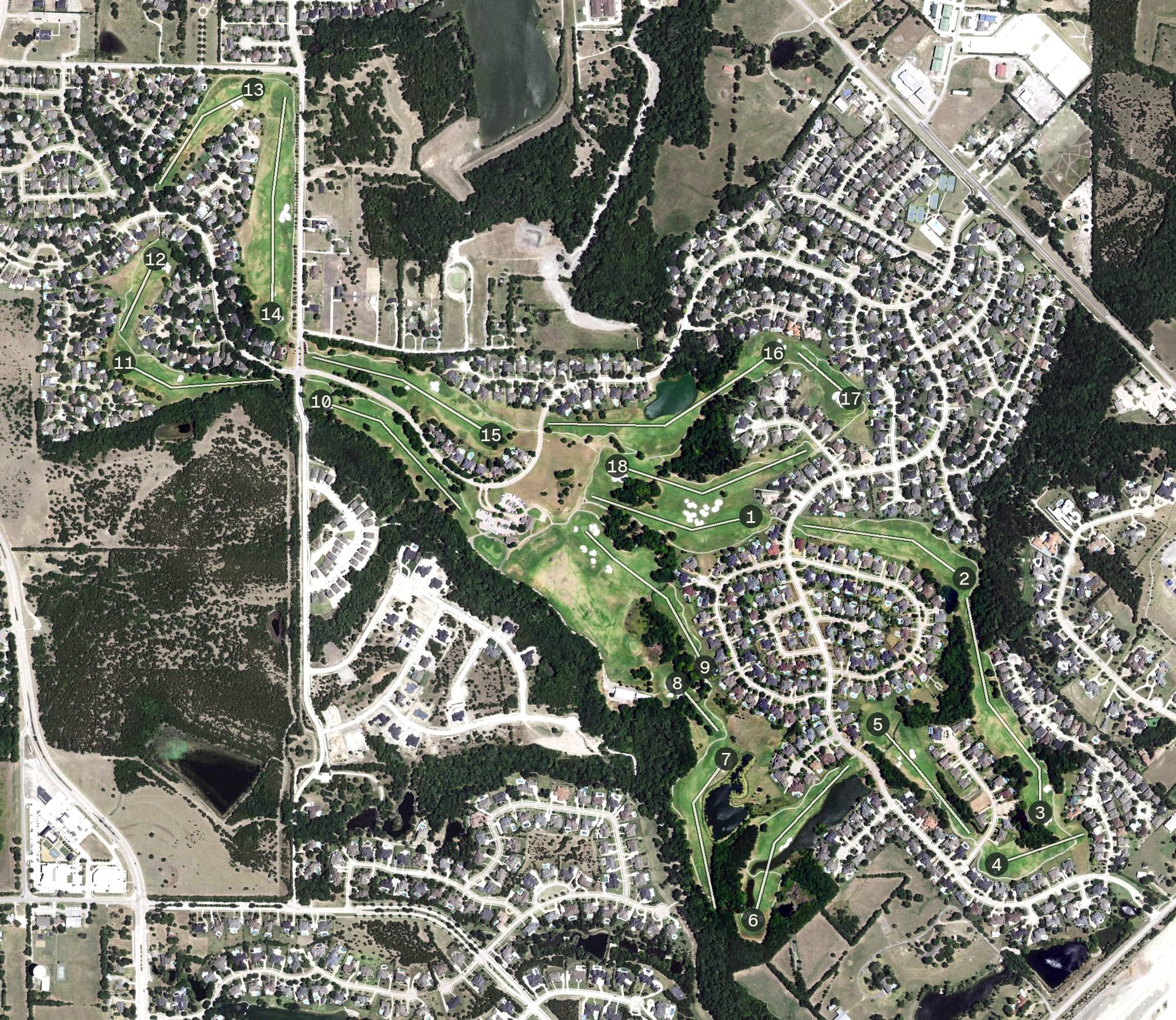 Aerial view of Buffalo Creek Golf Club, TX, with its hole routing marked