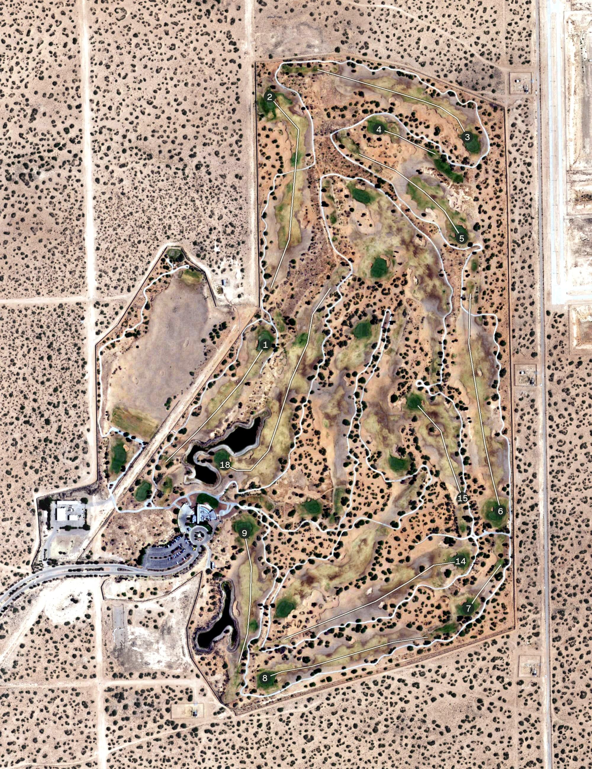 Aerial view of Butterfield Trail Golf Club, TX, with its hole routing marked