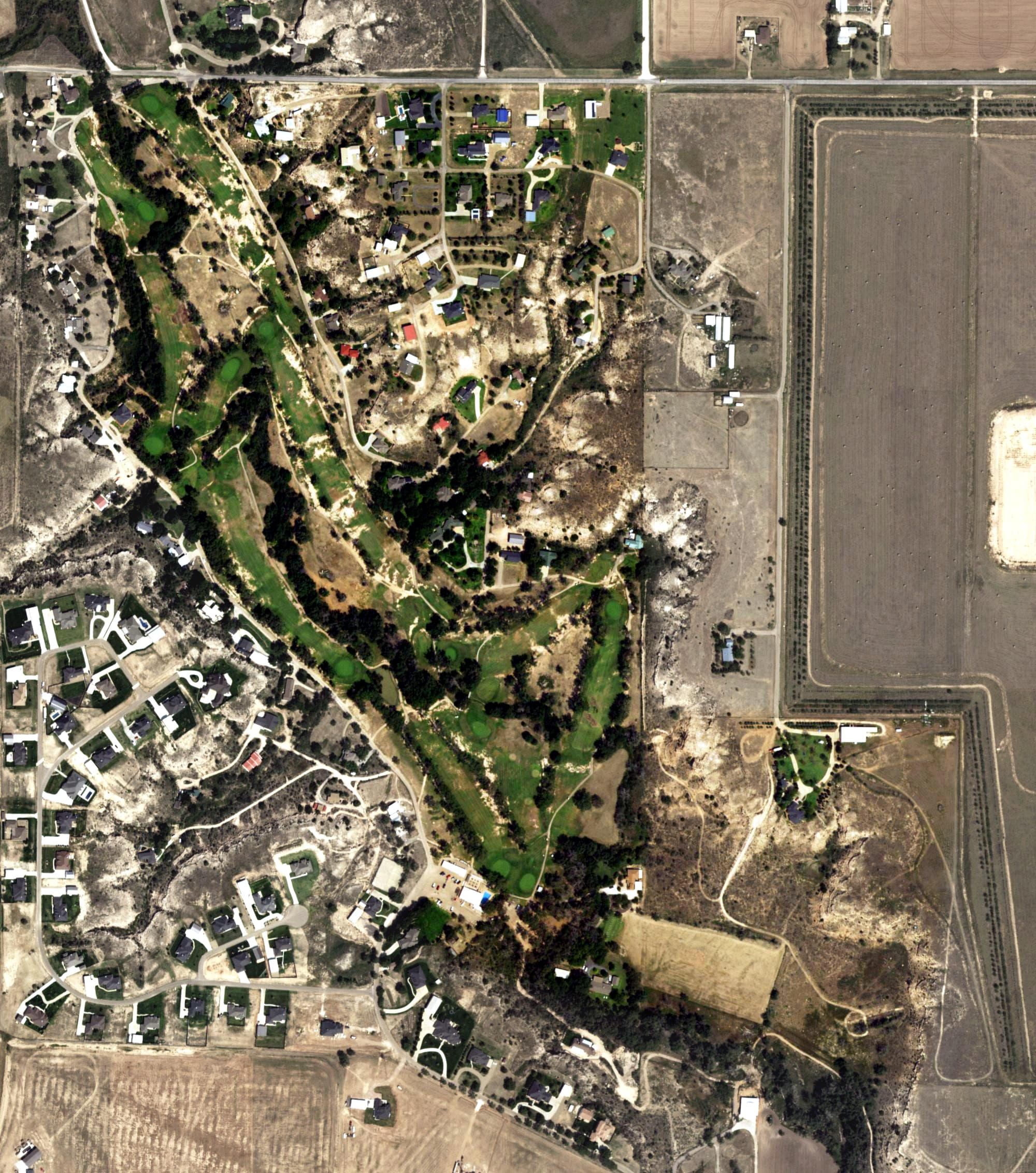 Aerial view of Canyon Country Club, TX, with its hole routing marked