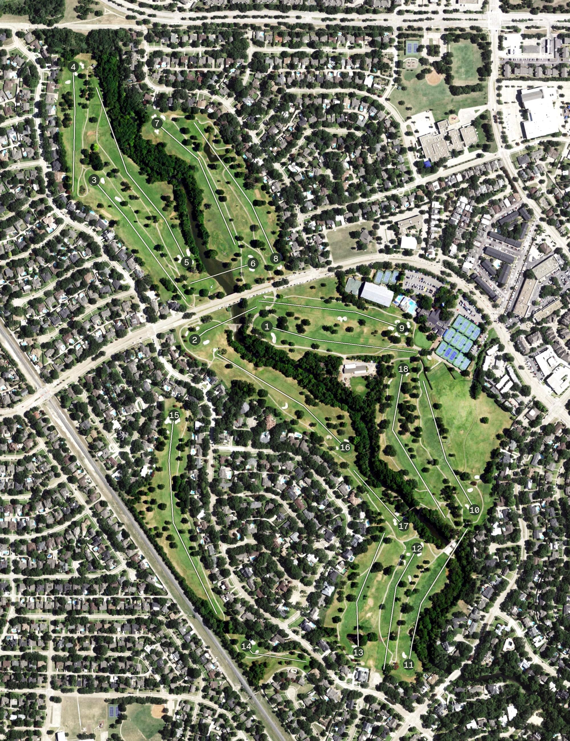 Aerial view of Canyon Creek Country Club, TX, with its hole routing marked