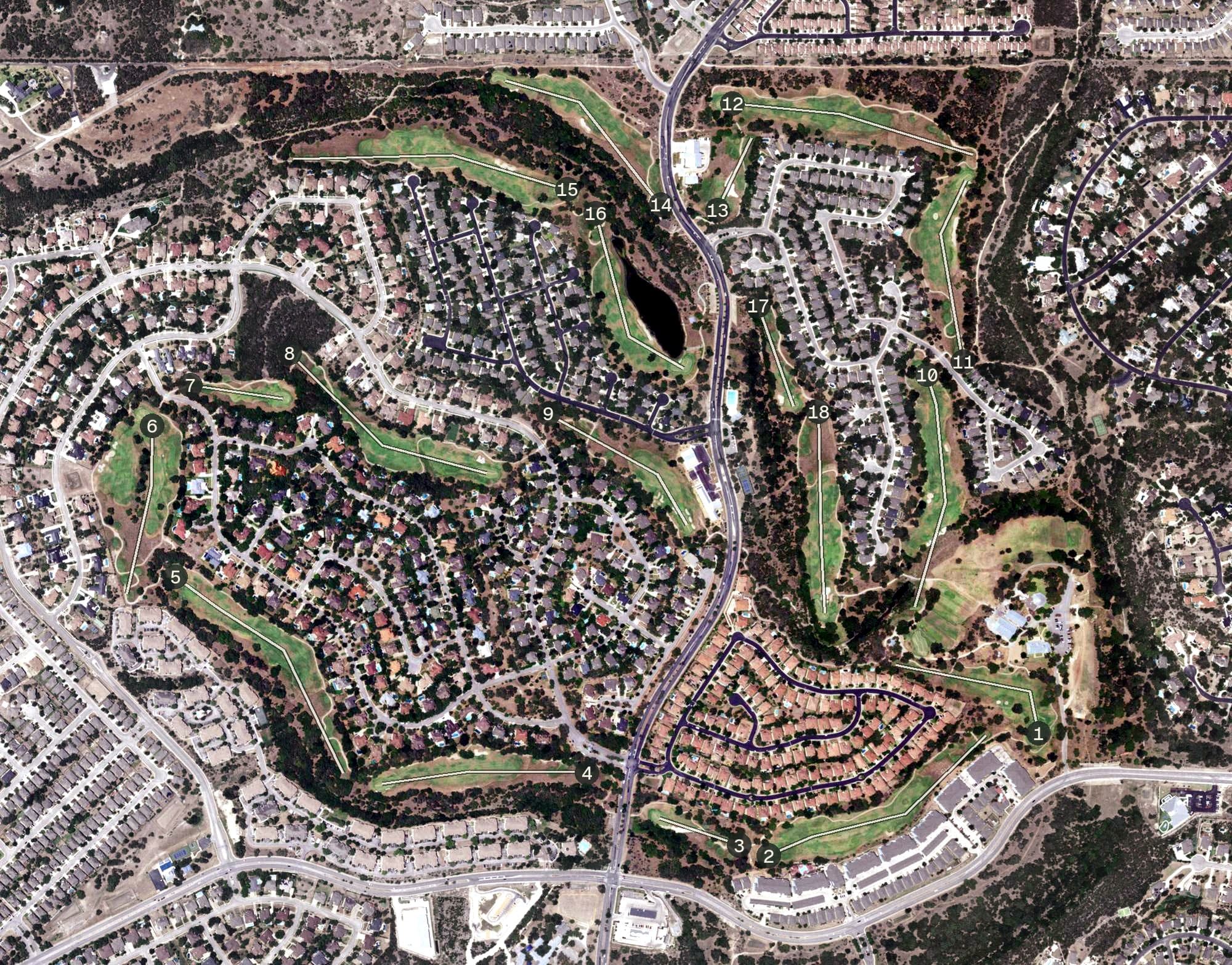 Aerial view of Canyon Springs Golf Club, TX, with its hole routing marked