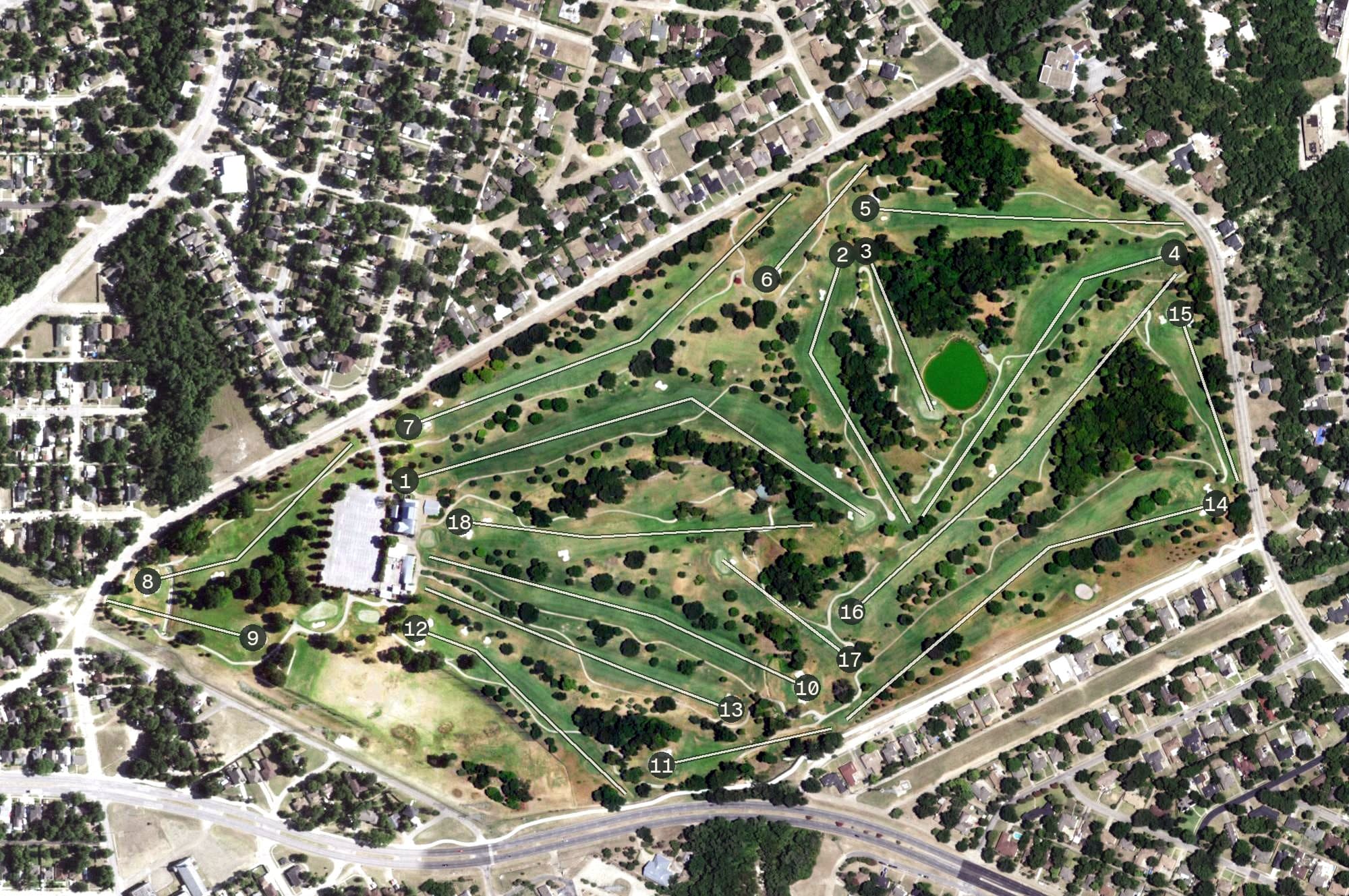 Aerial view of Cedar Crest Golf Course, TX, with its hole routing marked