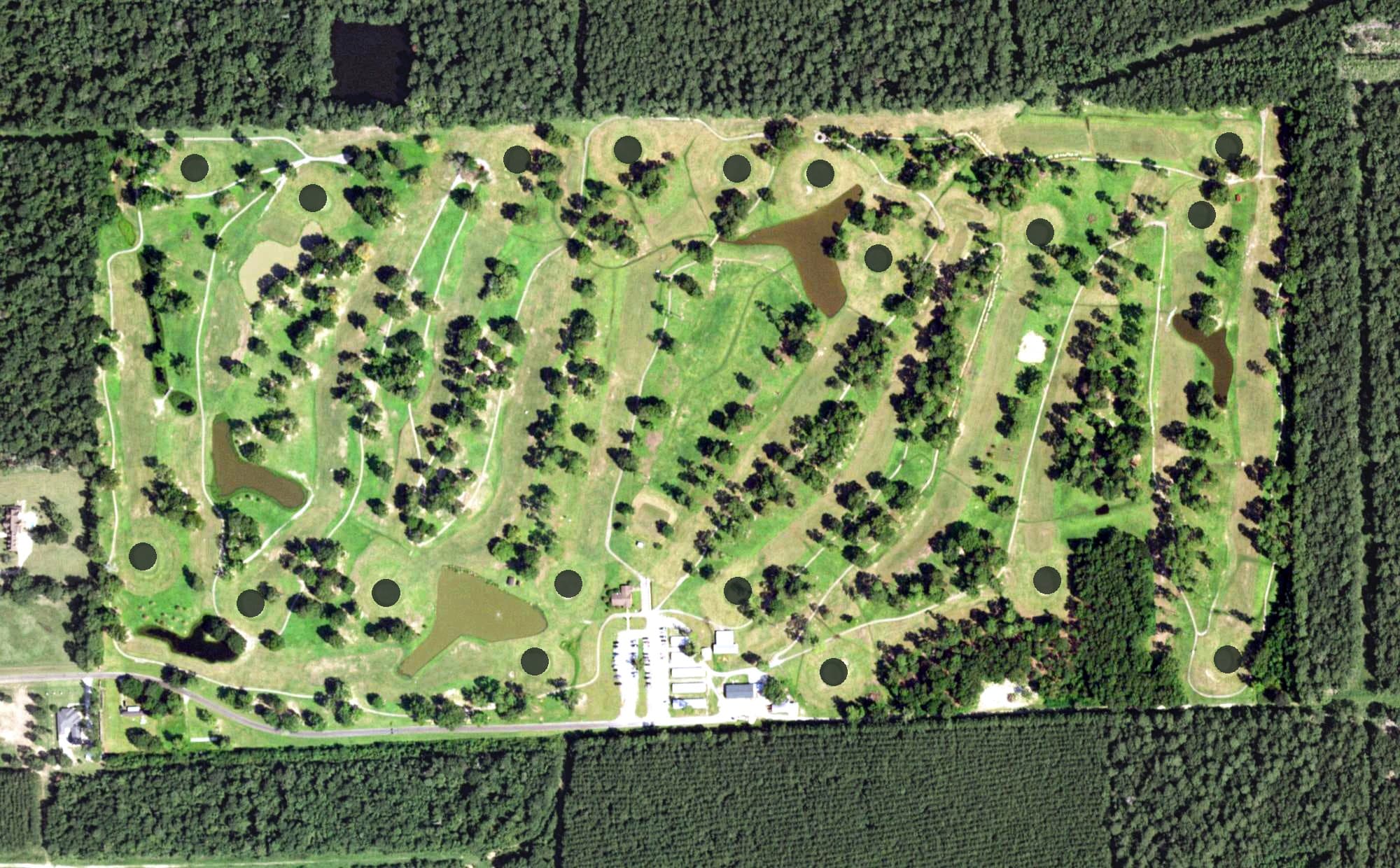 Aerial view of Chambers County Golf Course, TX, with its hole routing marked