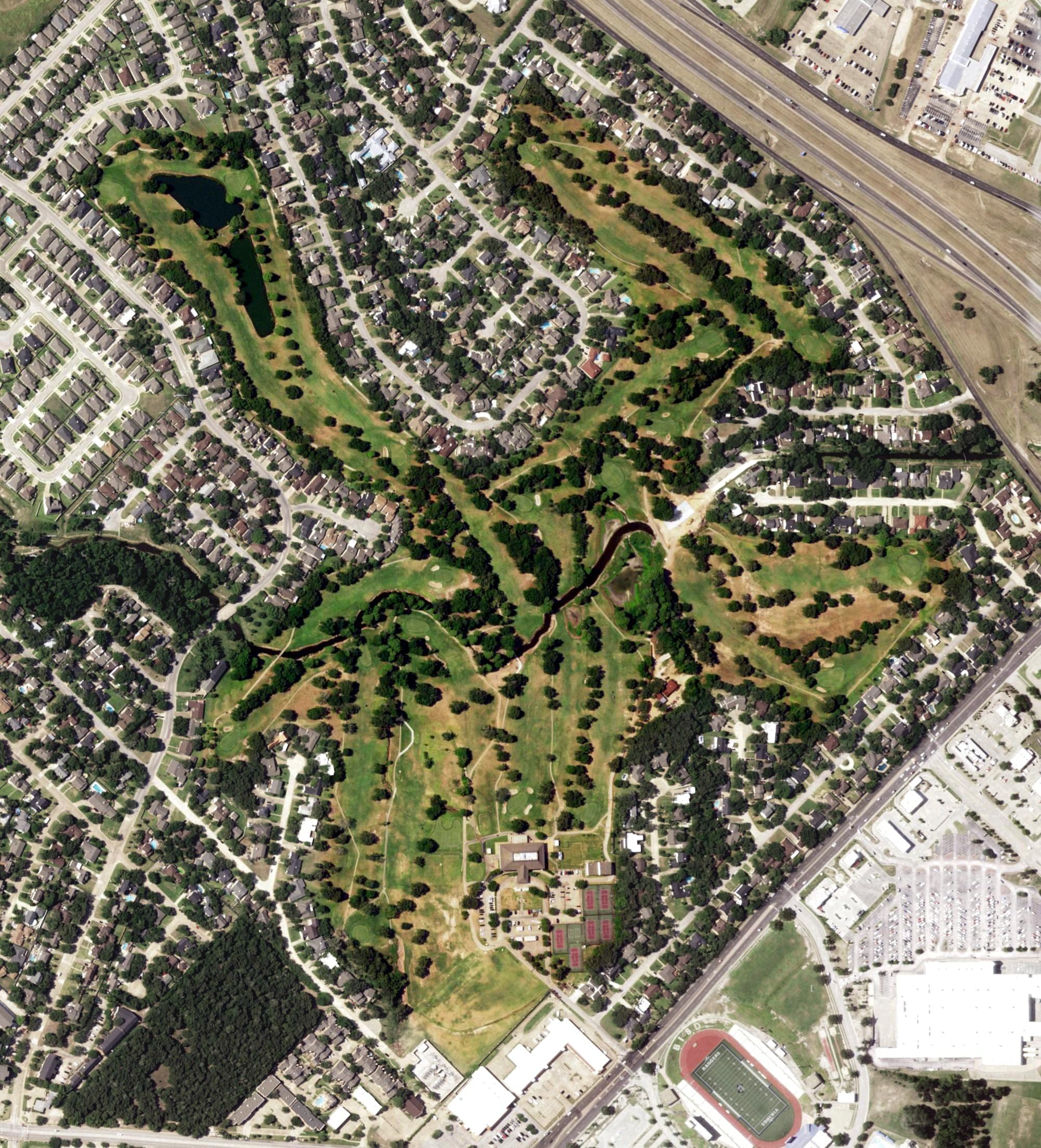 Aerial view of City Course at the Phillips Event Center, TX, with its hole routing marked