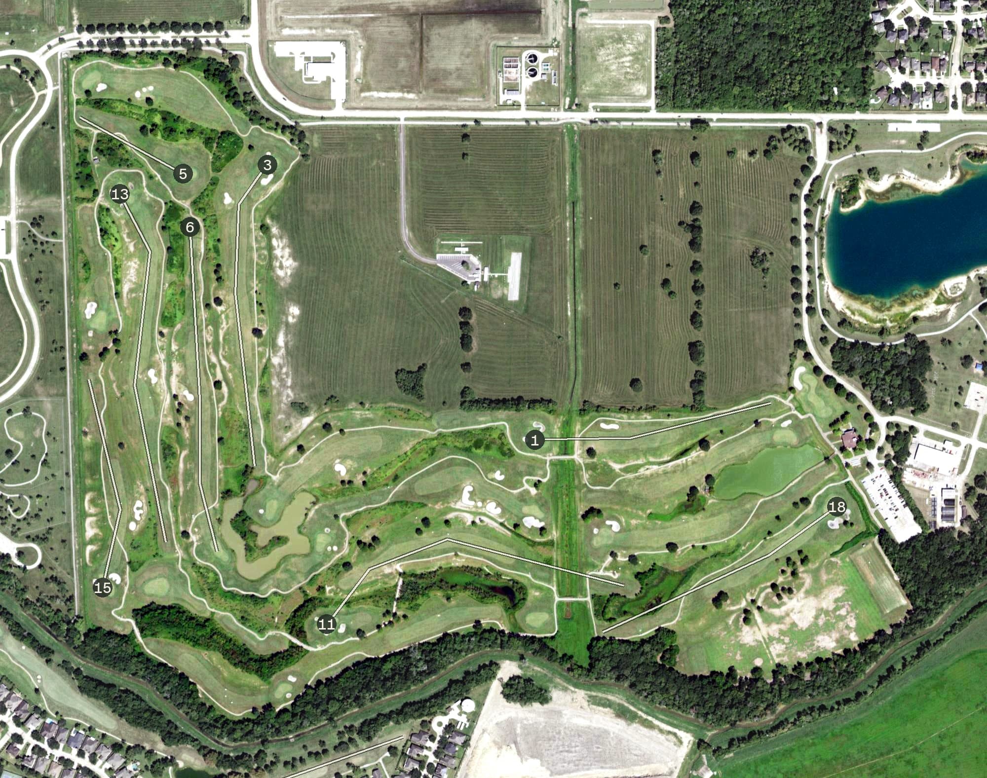 Aerial view of Clear Creek Golf Club, TX, with its hole routing marked