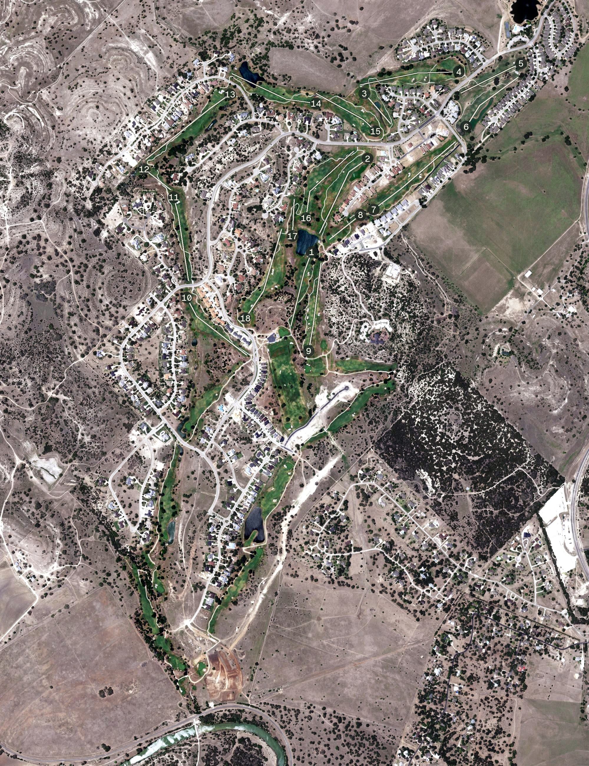 Aerial view of Comanche Trace, TX, with its hole routing marked