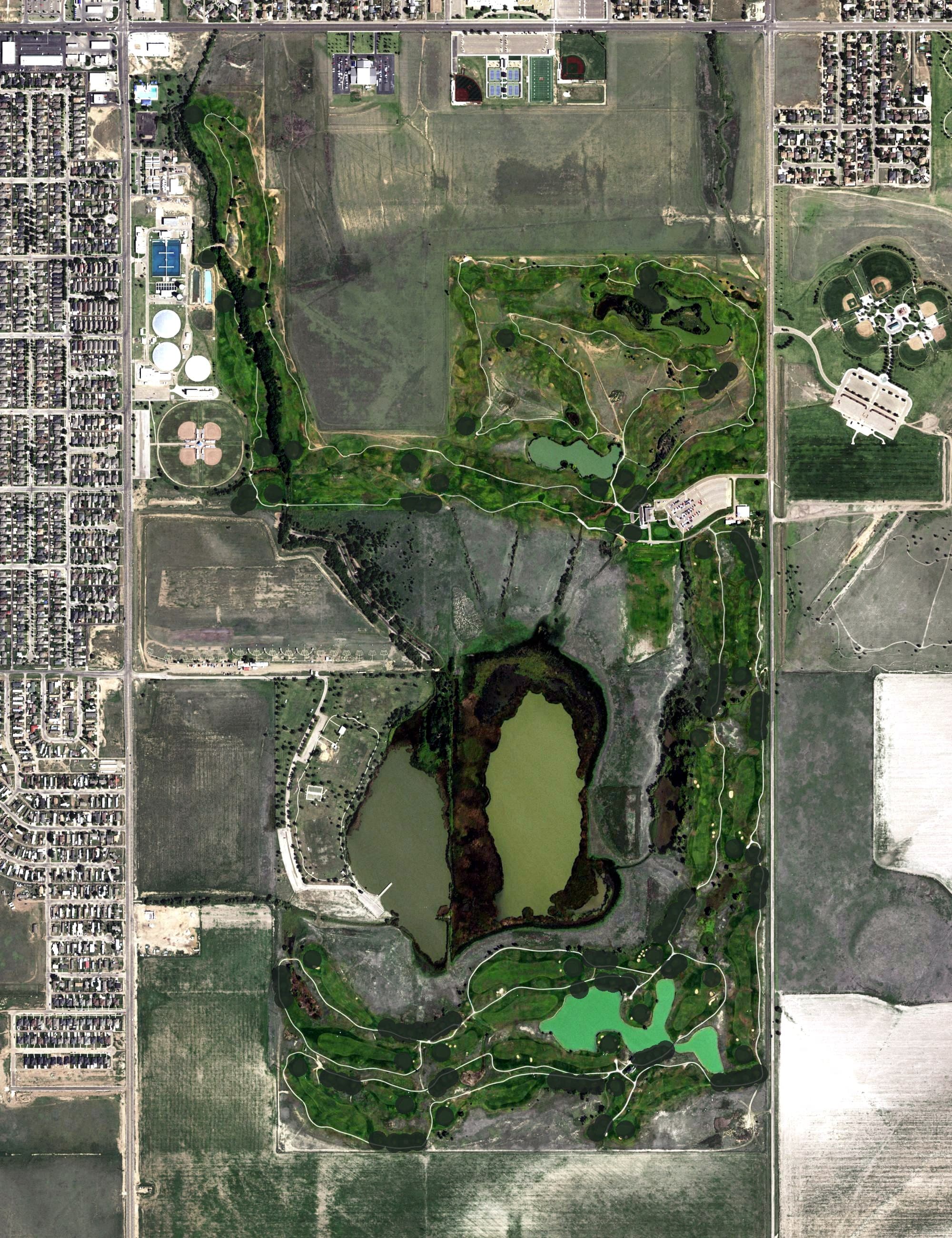 Aerial view of Comanche Trail Golf Course, TX, with its hole routing marked