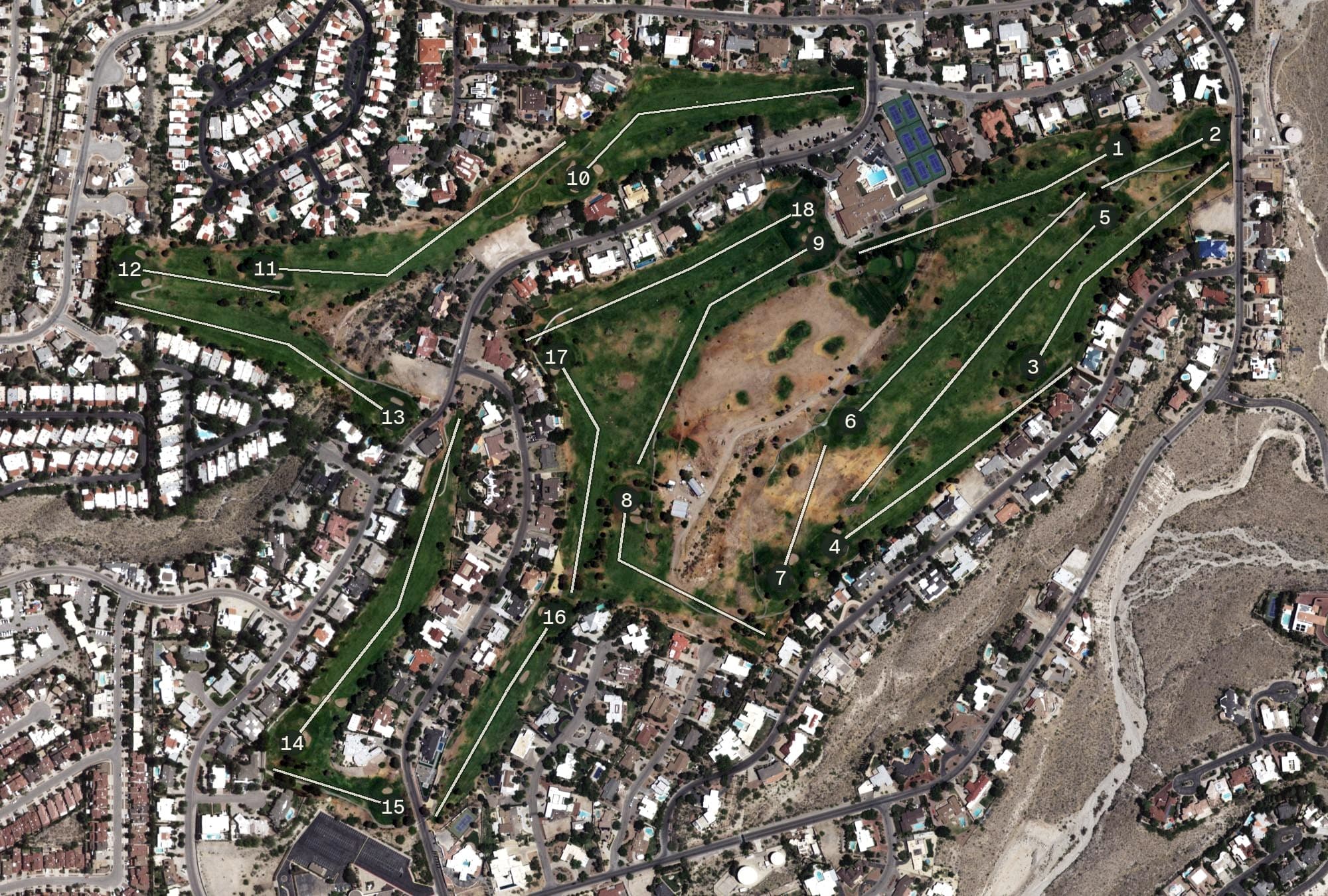 Aerial view of Coronado Country Golf Course, TX, with its hole routing marked