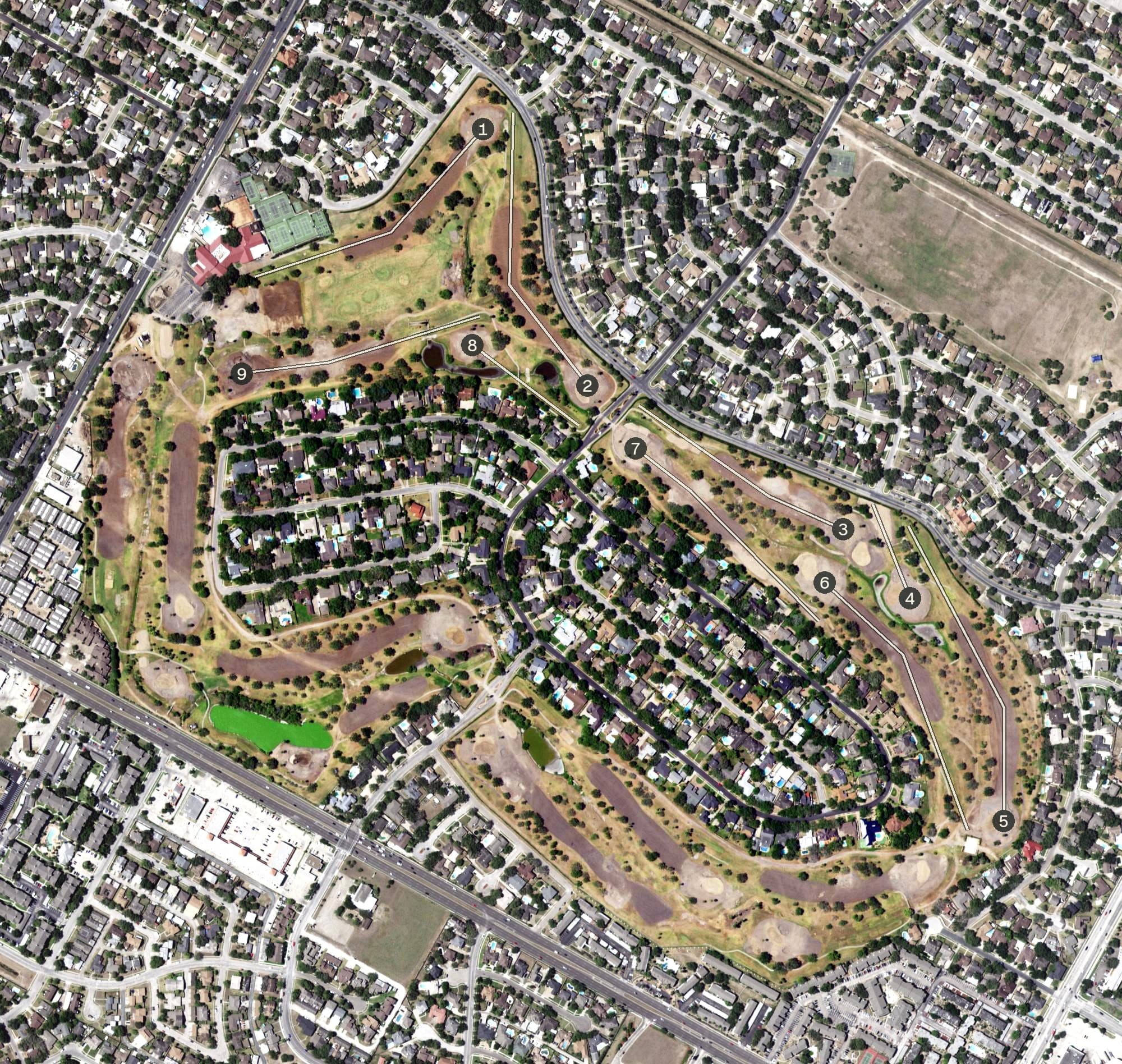 Aerial view of Corpus Christi Country Club Golf Course, TX, with its hole routing marked