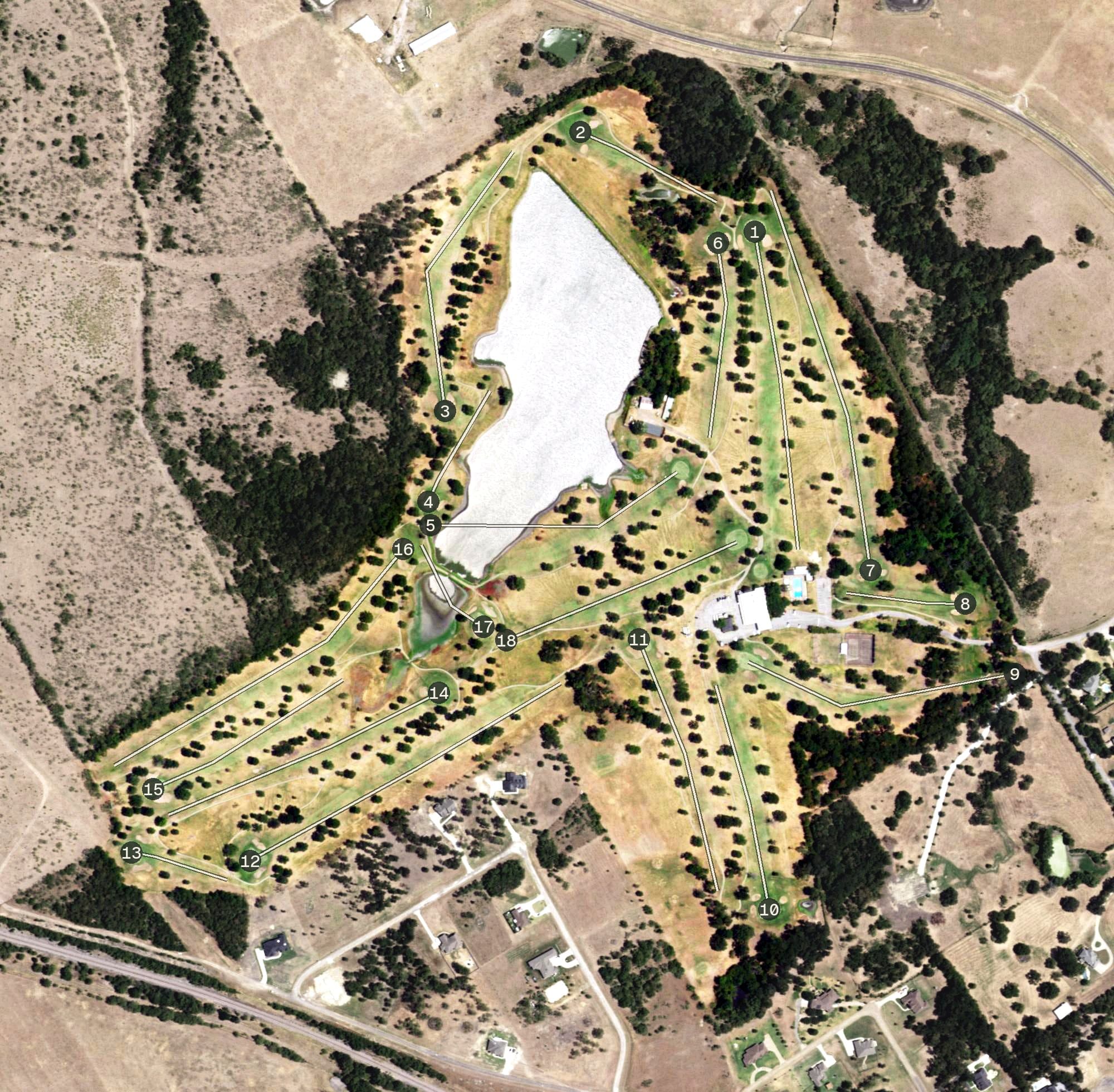 Aerial view of Corsicana Country Club, TX, with its hole routing marked