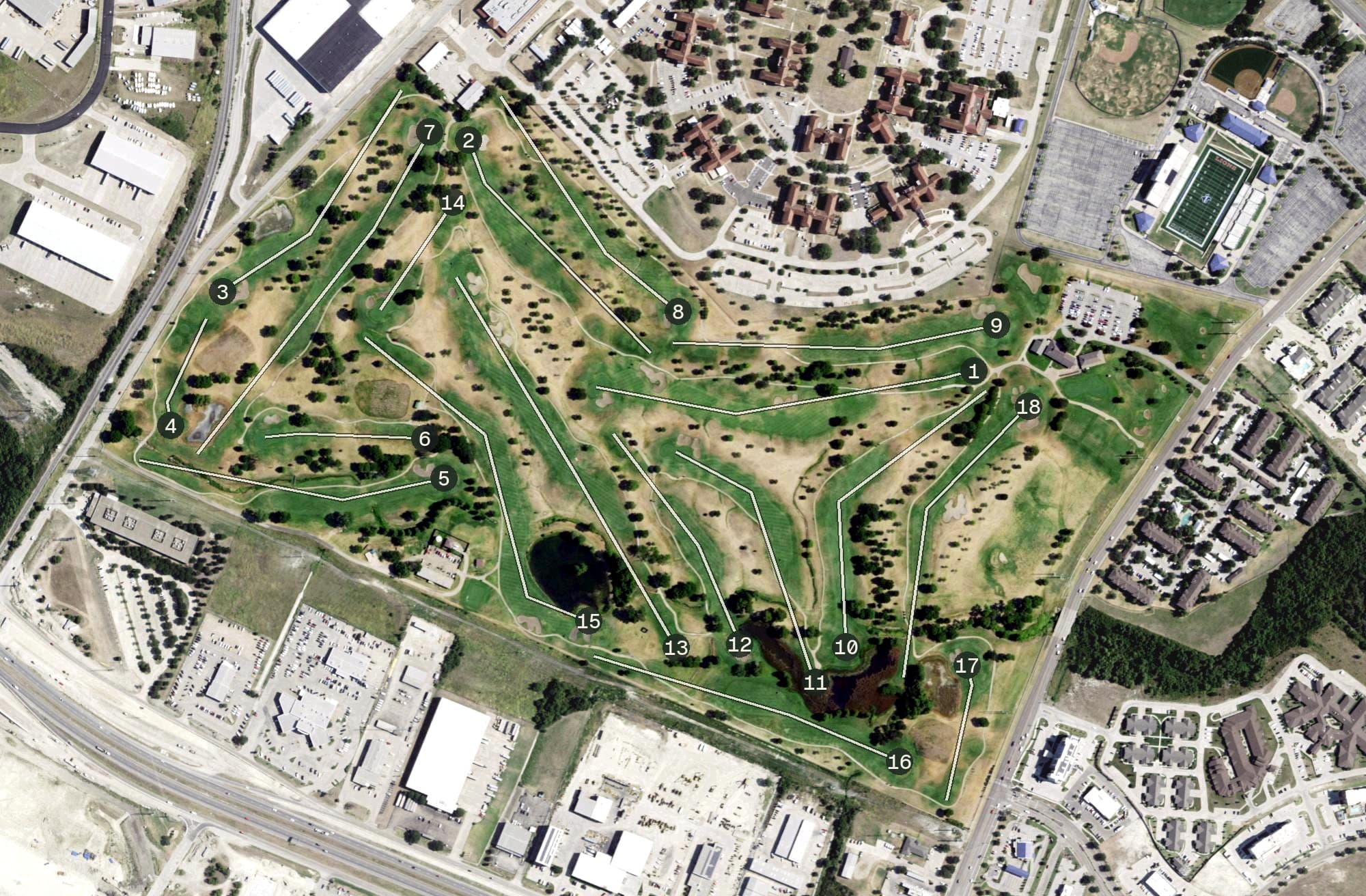 Aerial view of Cottonwood Creek Golf Course, TX, with its hole routing marked