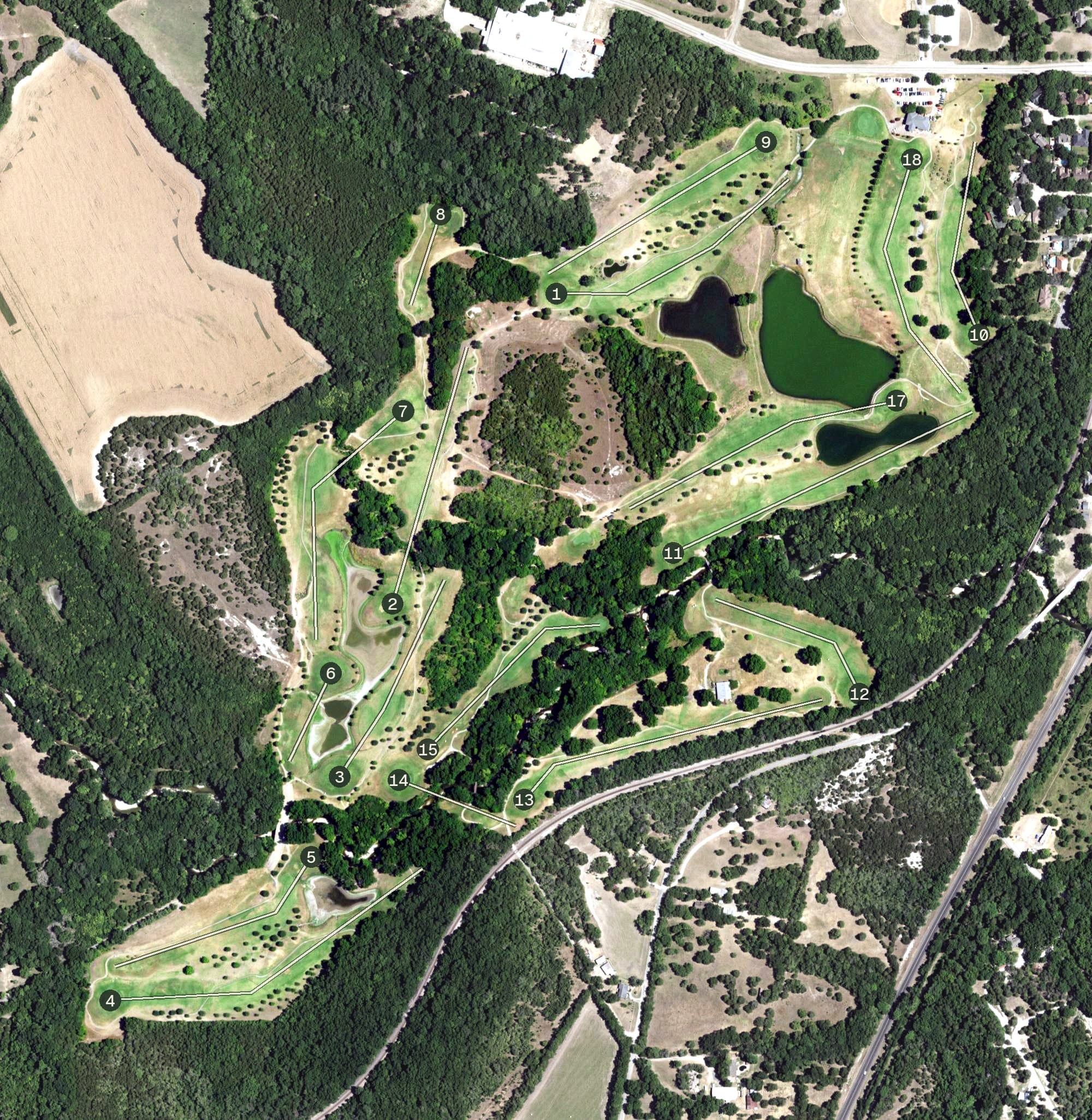 Aerial view of Country View Golf Club, TX, with its hole routing marked