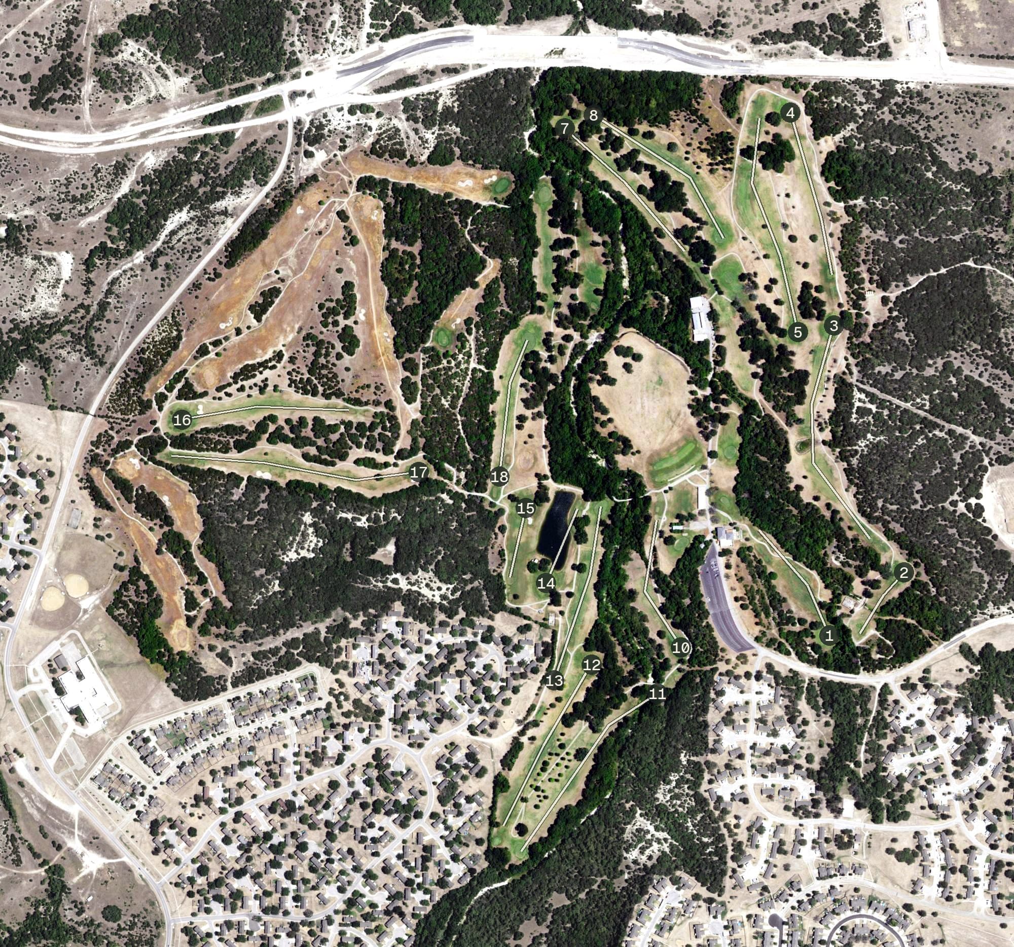 Aerial view of Courses of Clear Creek, TX, with its hole routing marked