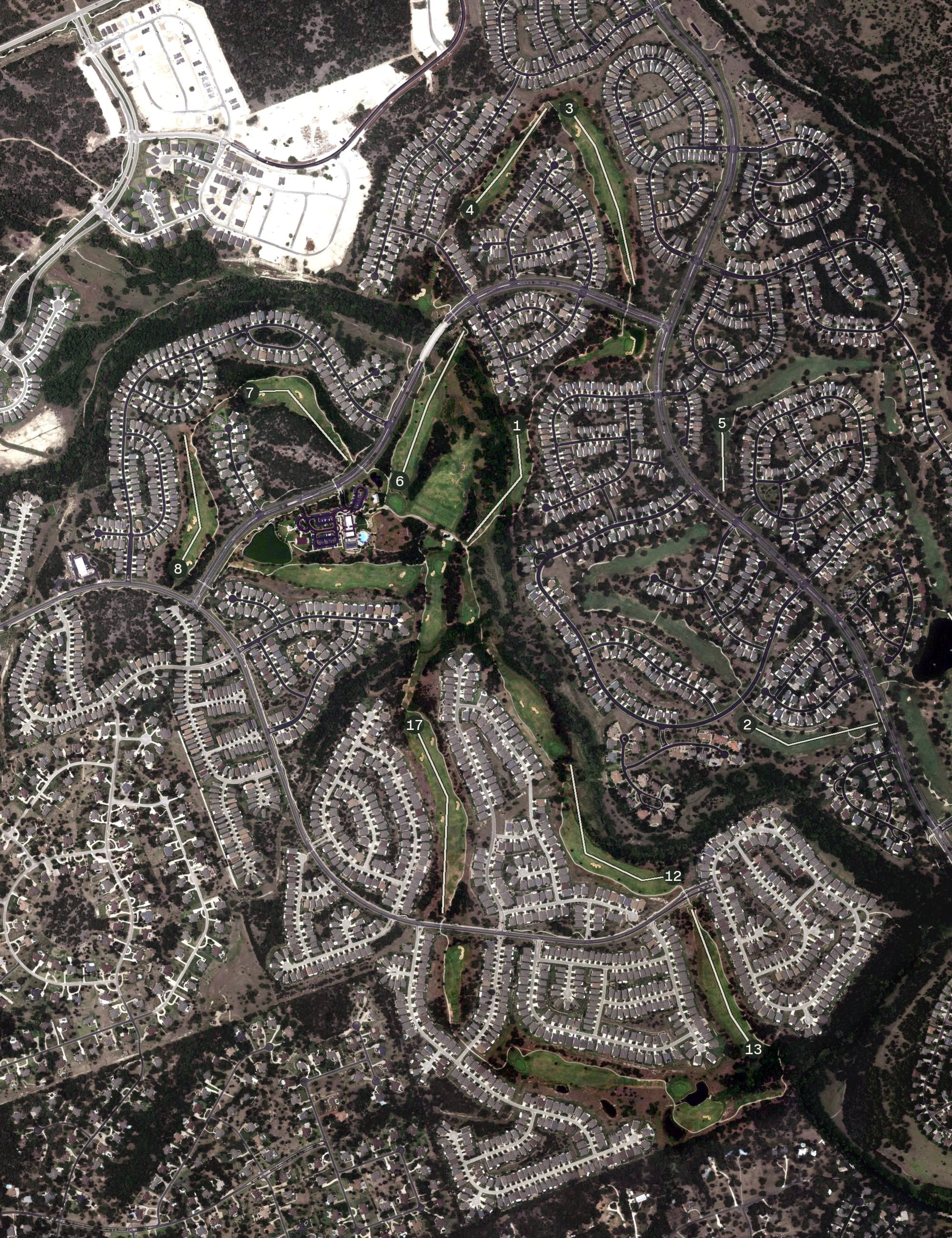 Aerial view of Cowan Creek Golf Club, TX, with its hole routing marked