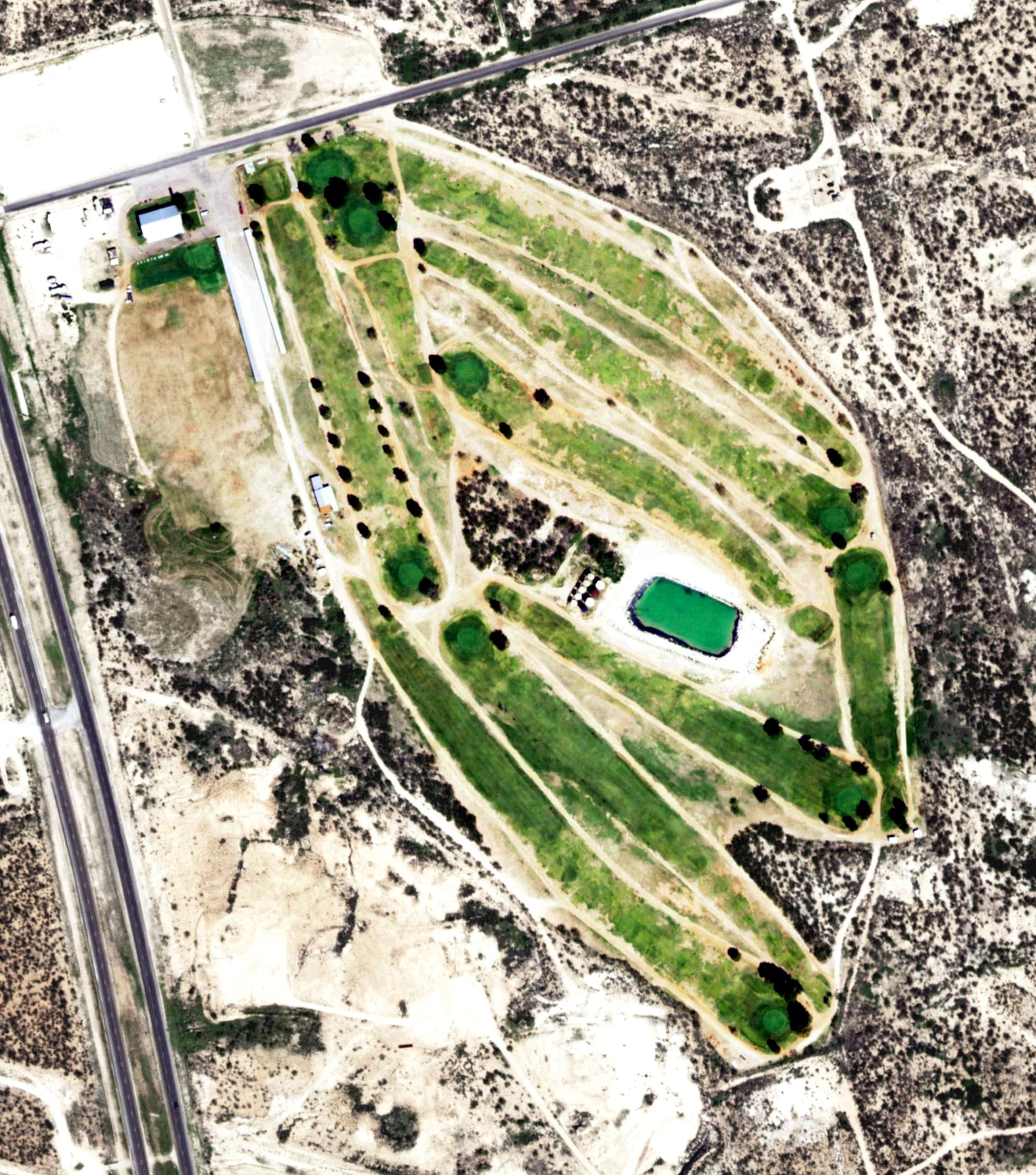 Aerial view of Crane County Golf Course, TX, with its hole routing marked