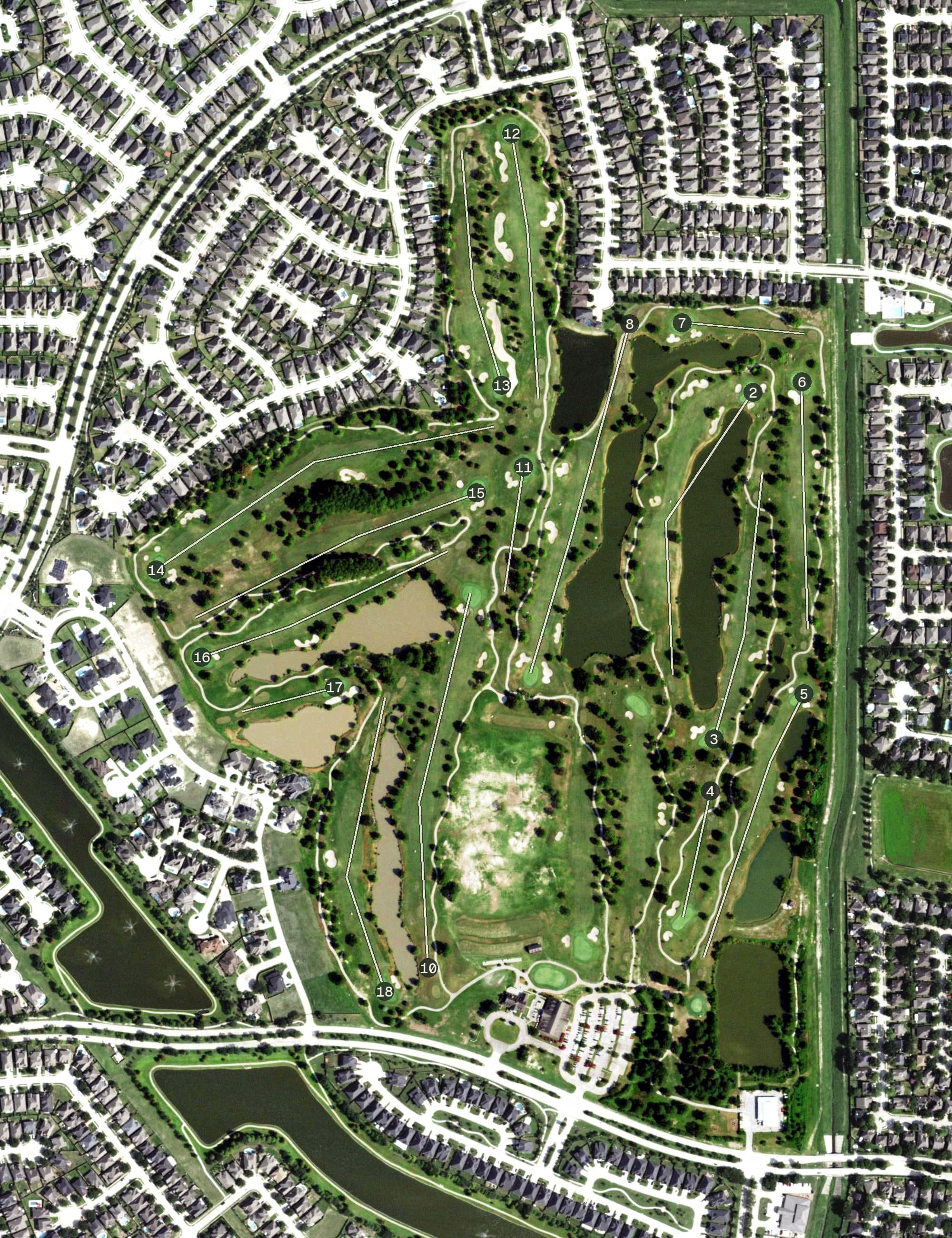 Aerial view of Cypress Lakes Golf Club, TX, with its hole routing marked