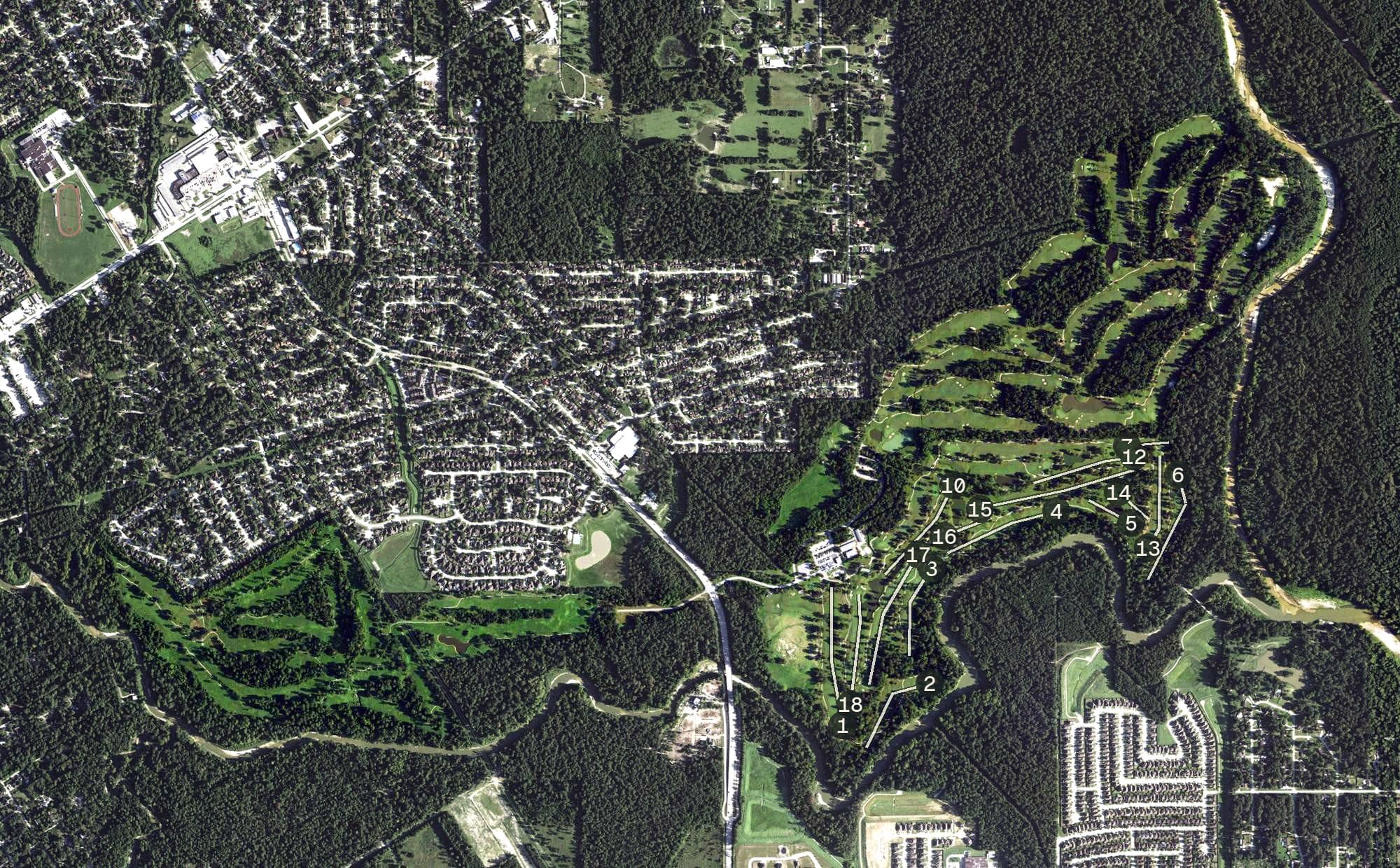 Aerial view of Cypresswood Golf Club, TX, with its hole routing marked