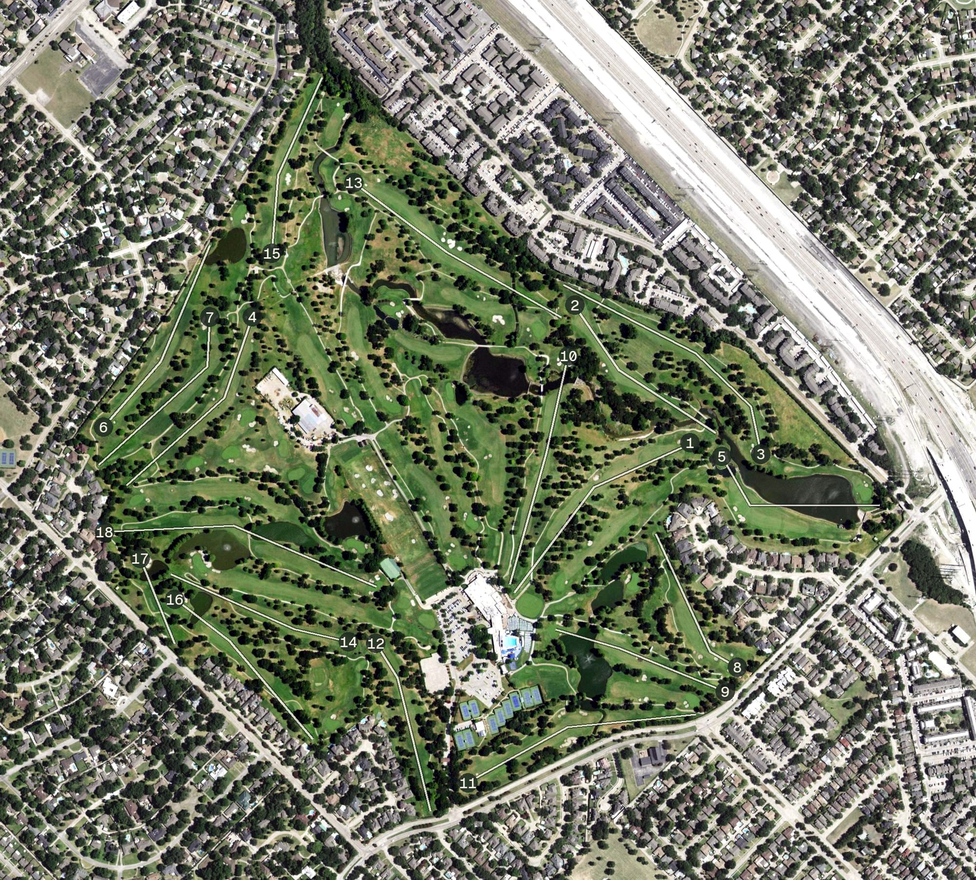 Aerial view of Dallas Athletic Club, TX, with its hole routing marked