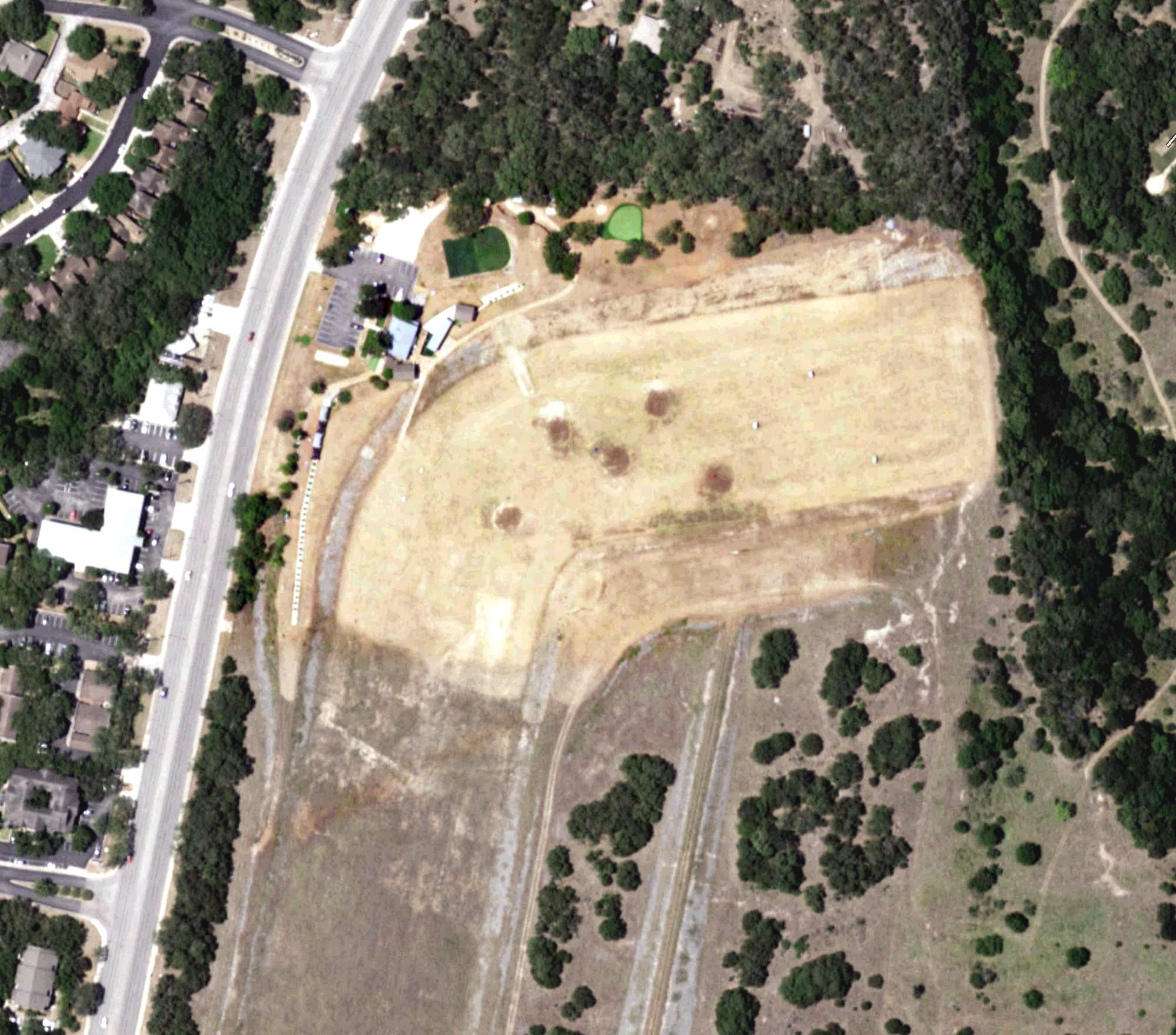 Aerial view of Dead Solid Perfect Golf, TX, with its hole routing marked